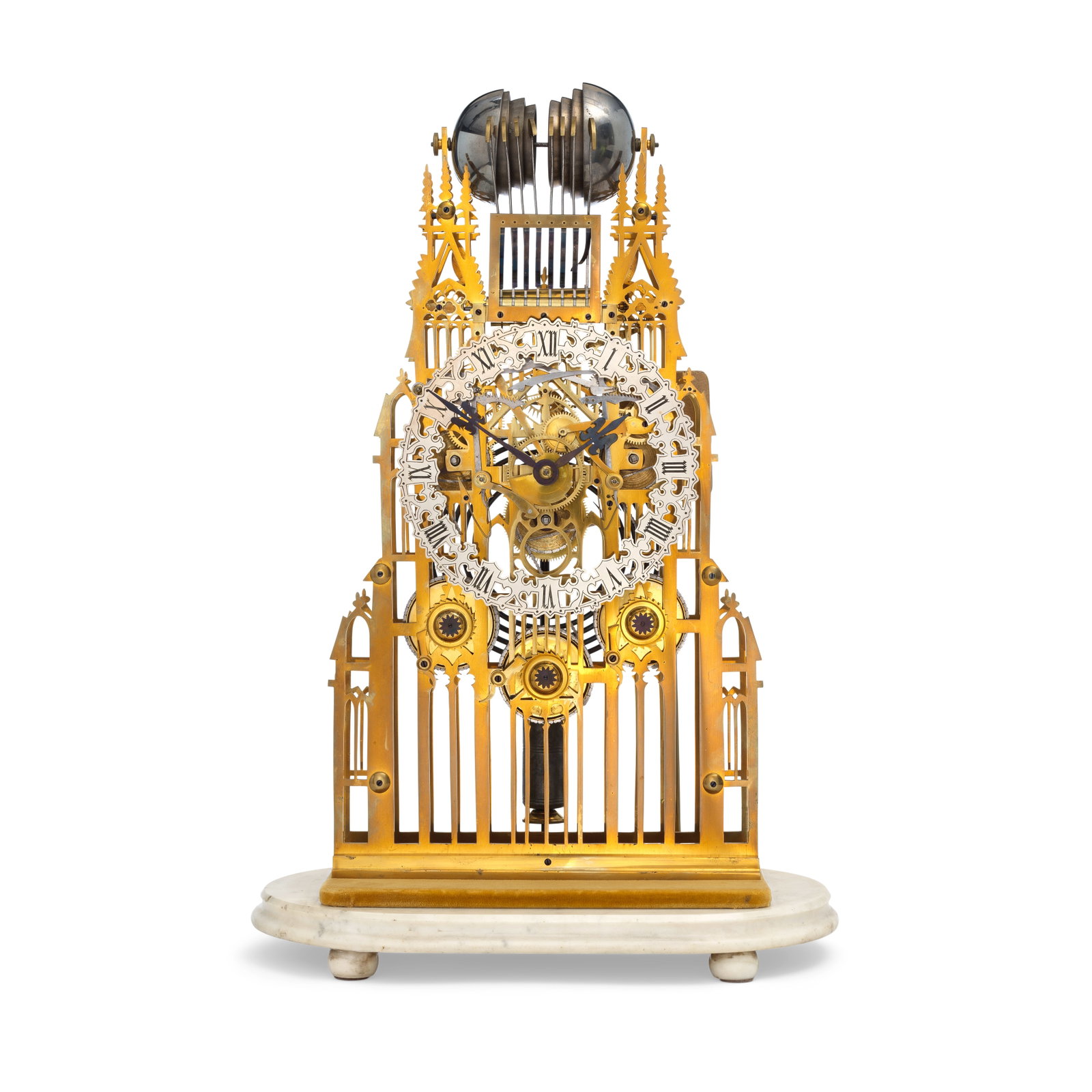 A second half of the 19th century quarter chiming 'York Minster' skeleton clock Attributable to...: A second half of the 19th century quarter chiming 'York Minster' skeleton clock Attributable to the Evans workshop. The lacquered brass frame based on the original Gothic building, its twin turrets fr
