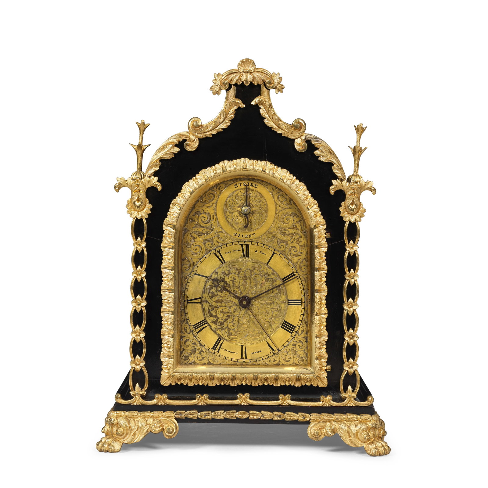 A rare mid 19th century ormolu-mounted ebonised centre seconds, striking table clock with lever ...: A rare mid 19th century ormolu-mounted ebonised centre seconds, striking table clock with lever escapement John Moore & Sons, Clerkenwell, London, No. 11743. The case repeat numbered on the rear door 