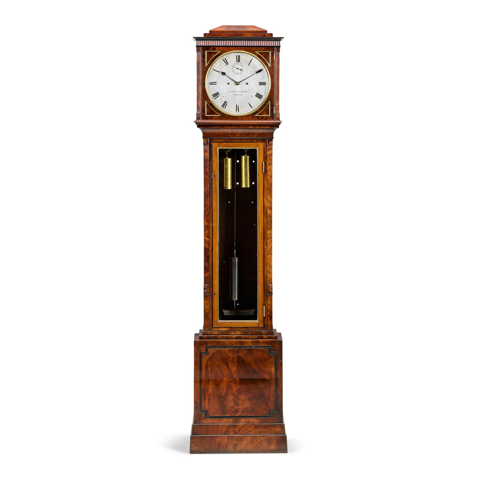 A good first half of the 19th century domestic striking mahogany regulator, with glazed front do...: A good first half of the 19th century domestic striking mahogany regulator, with glazed front door. Arnold and Dent, London The case with sloped top with moulded surround over a textured frieze with f