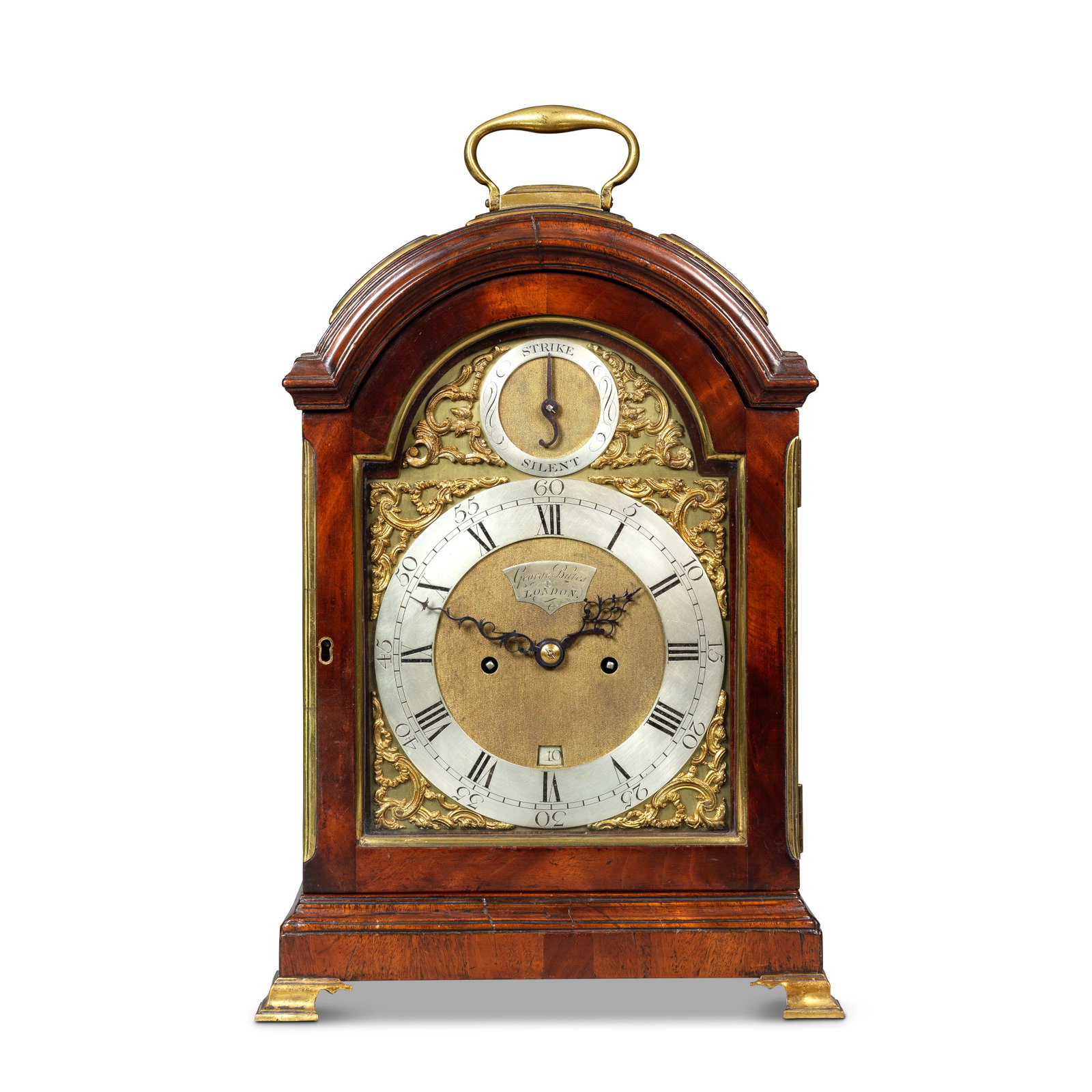 A late 18th century mahogany triple pad bracket clock George Bates, London: A late 18th century mahogany triple pad bracket clock George Bates, London The case sumounted by a brass carrying handle over a three pad top with brass surrounds to a moulded top, the front with bras