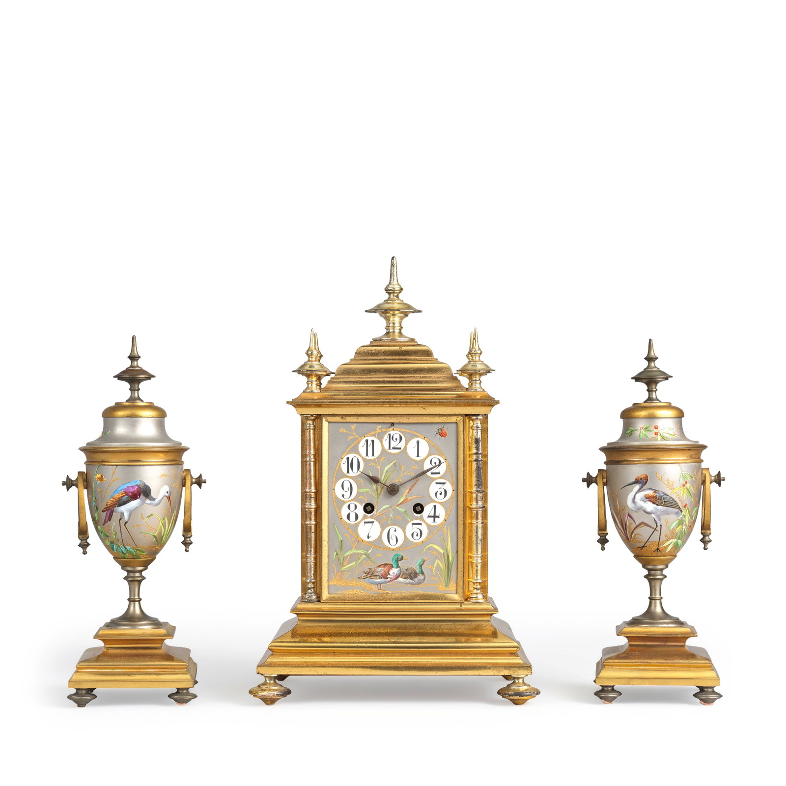 A late 19th century French Narcisse Viviene inspired garniture mantel clock AB, No.7085133: A late 19th century French Narcisse Viviene inspired garniture mantel clock AB, No.7085133 The case sumounted by a silvered turned finial over a sloped top surrounded by four further similar turned fi