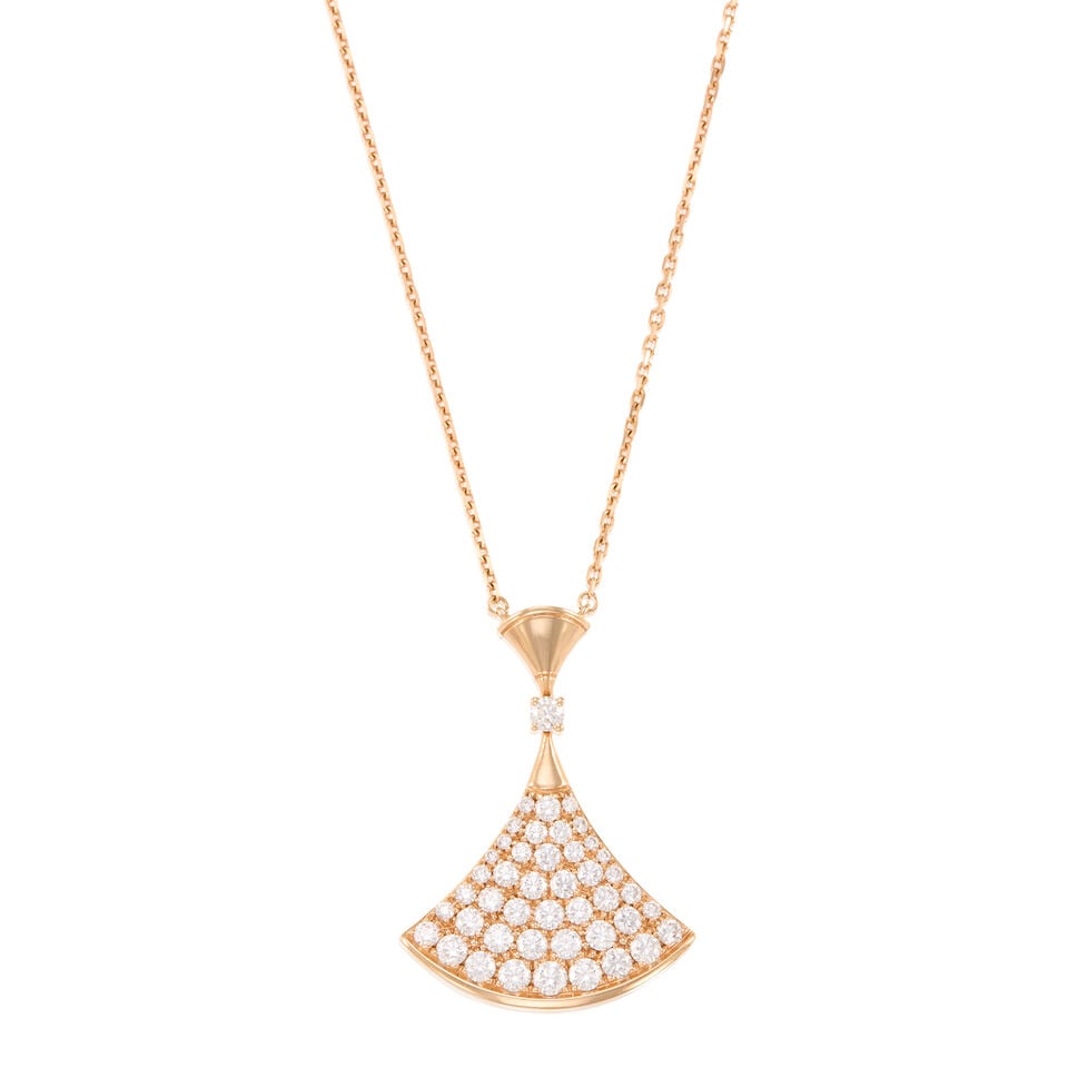 BULGARI: AN 18K ROSE GOLD AND DIAMOND 'DIVA'S DREAM' PENDANT NECKLACE: BULGARI: AN 18K ROSE GOLD AND DIAMOND 'DIVA'S DREAM' PENDANT NECKLACE • Numerous round brilliant cut diamonds weighing approximately 1.70 carats total • Signed BVLGARI • With serial