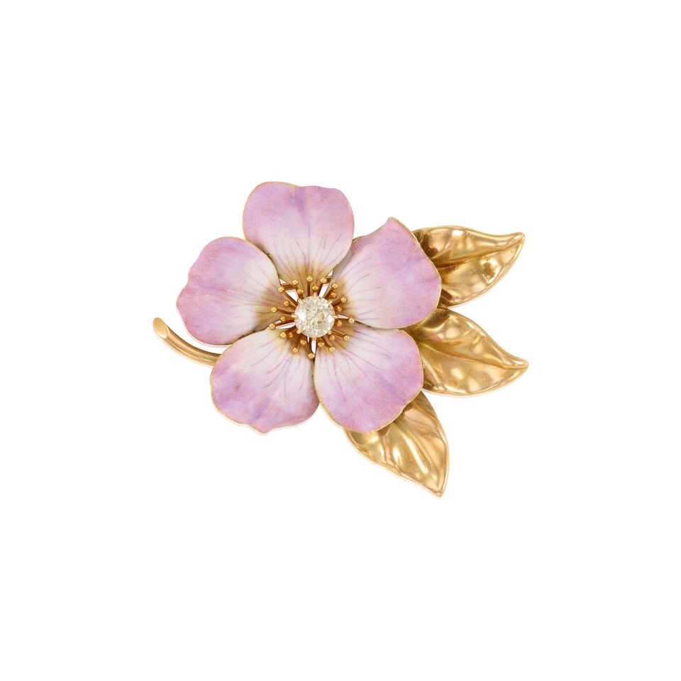 AN ANTIQUE 14K YELLOW GOLD, ENAMEL, AND DIAMOND BROOCH: AN ANTIQUE 14K YELLOW GOLD, ENAMEL, AND DIAMOND BROOCH • One old European cut diamond weighing approximately 0.50 carat • Measures 2 in. x 1 1/2 in. • Estimated gross weight: 15.3