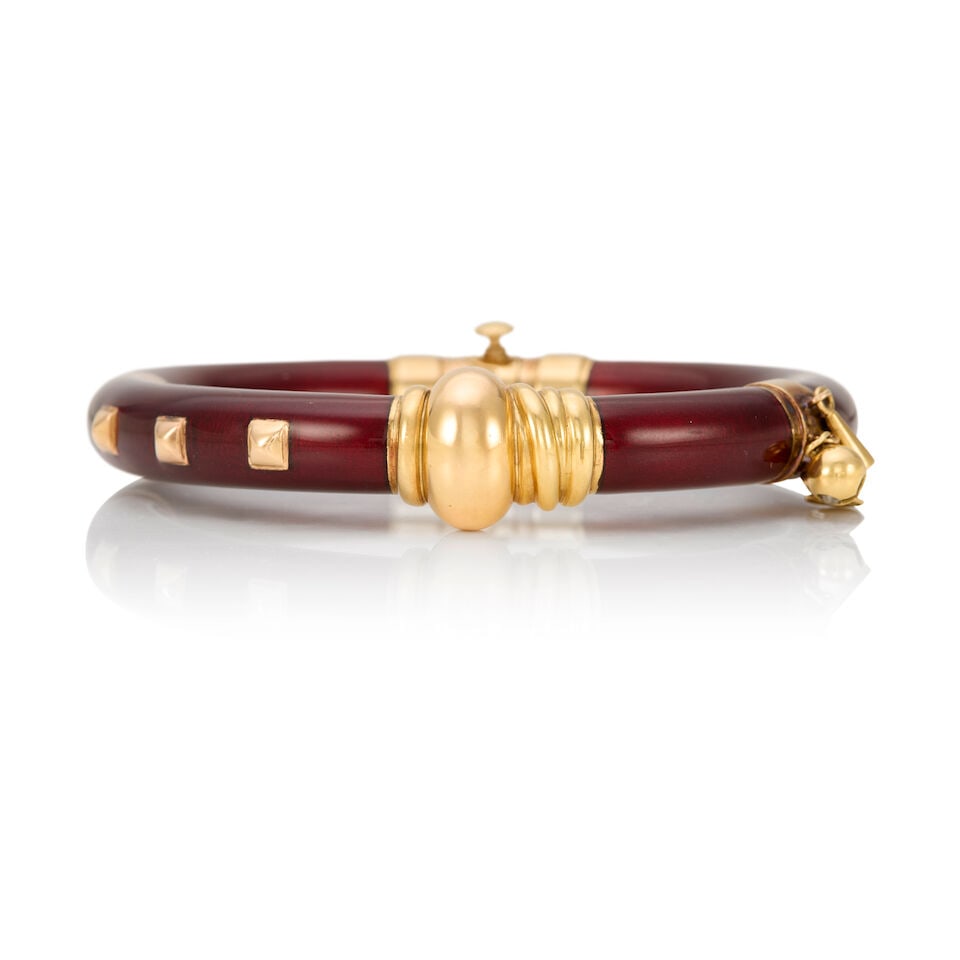 NOUVELLE BAGUE: AN 18K YELLOW GOLD, STERLING SILVER, AND ENAMEL BANGLE BRACELET - 2