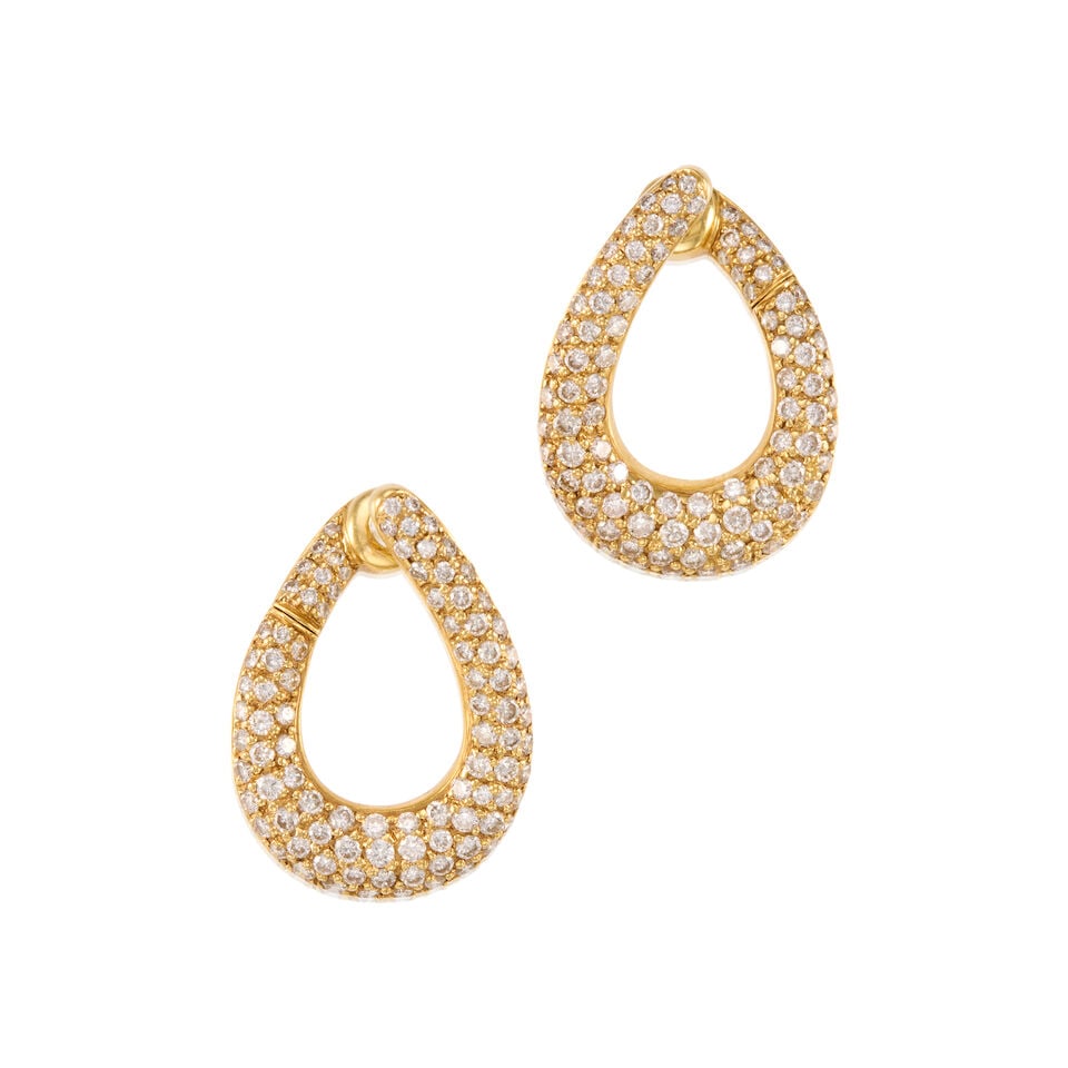 A PAIR OF 18K YELLOW GOLD AND DIAMOND EARRINGS: A PAIR OF 18K YELLOW GOLD AND DIAMOND EARRINGS • Numerous round shaped diamonds weighing approximately 1.80 carats total • Measures 1 1/16 in. x 3/4 in. • Estimated gross weight: