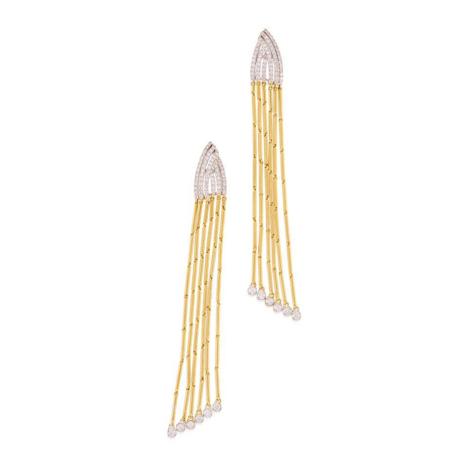 A PAIR OF 18K BICOLORED GOLD AND DIAMOND EARRINGS: A PAIR OF 18K BICOLORED GOLD AND DIAMOND EARRINGS • Numerous round shaped diamonds weighing approximately 0.30 carat total • Measures 2 1/2 in. x 13/16 in. • Estimated gross weight: