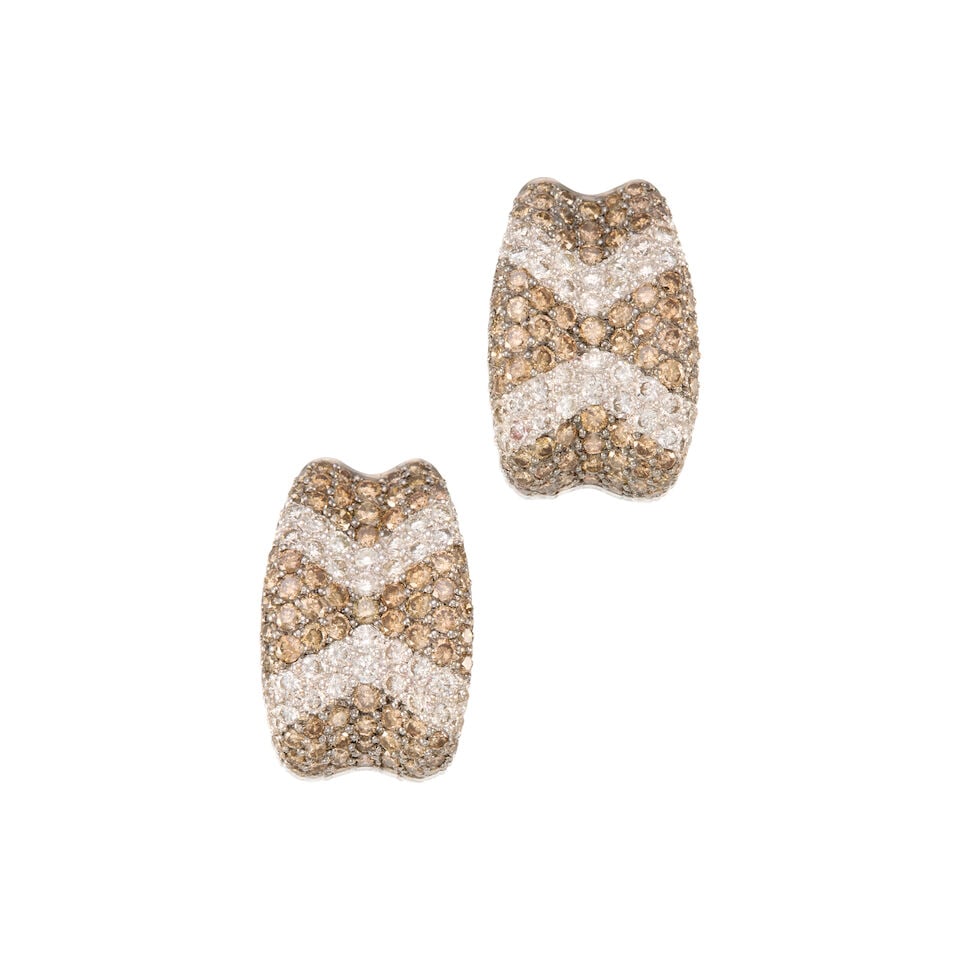 A PAIR OF 18K WHITE GOLD, COLORED DIAMOND, AND DIAMOND EARRINGS: A PAIR OF 18K WHITE GOLD, COLORED DIAMOND, AND DIAMOND EARRINGS • Numerous round shaped diamonds weighing approximately 2.50 carats total • Measures 7/8 in. x 5/8 in. • Estimated