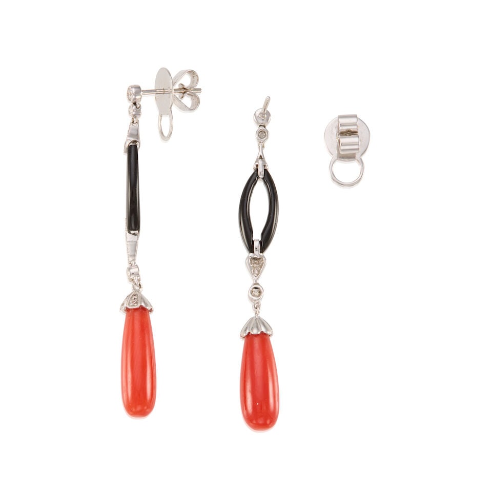 A PAIR OF 18K WHITE GOLD, CORAL, ONYX, AND DIAMOND EARRINGS - 2