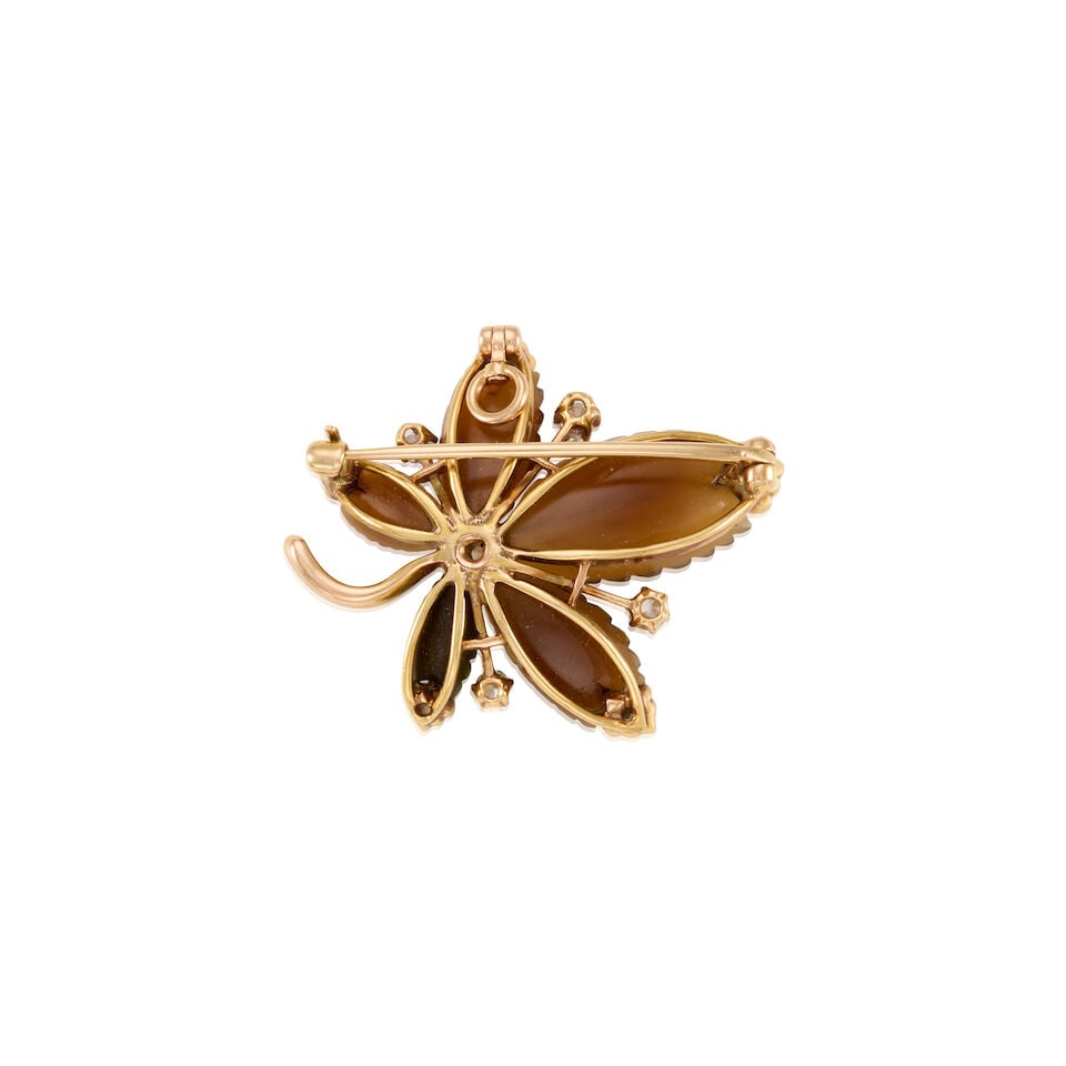 AN ANTIQUE 14K YELLOW GOLD, AGATE AND DIAMOND BROOCH - 2