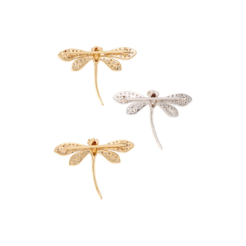 THREE 14K GOLD AND DIAMOND DRAGONFLY BROOCHES - 2