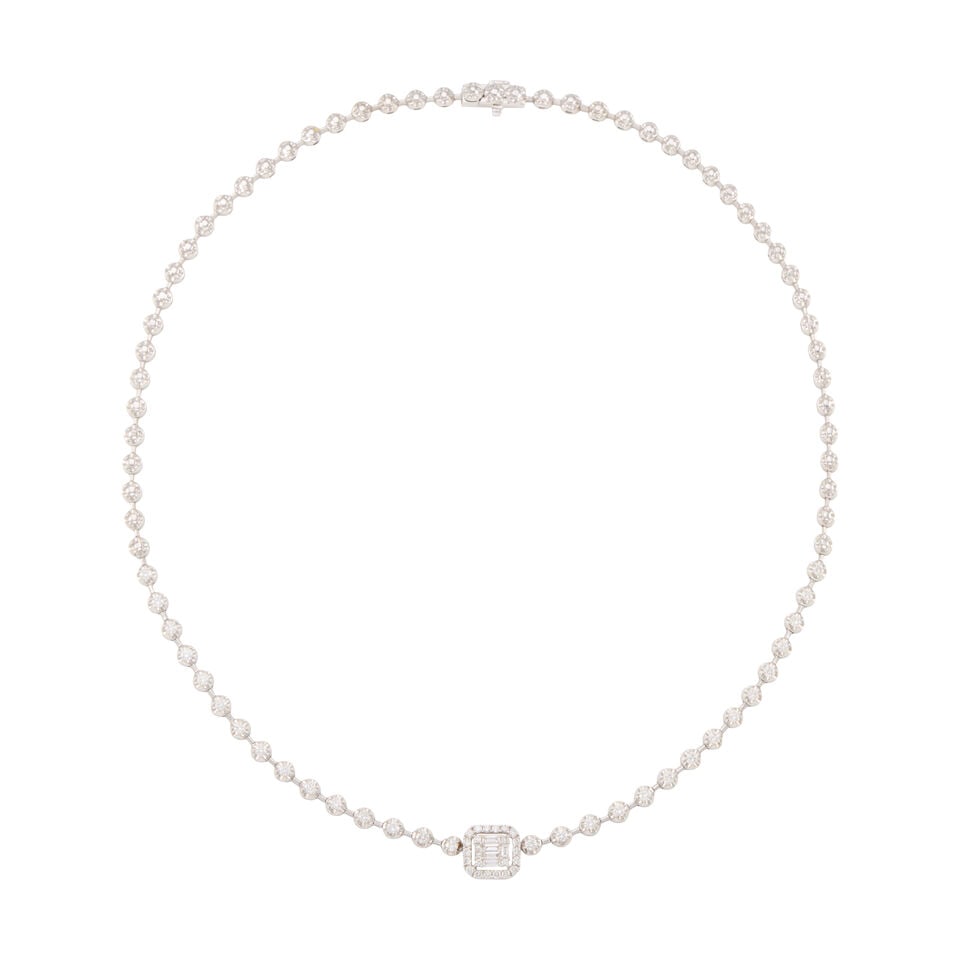 AN 18K WHITE GOLD AND DIAMOND NECKLACE: AN 18K WHITE GOLD AND DIAMOND NECKLACE • Six rectangular shaped diamonds weighing approximately 0.12 carat total • Numerous round shaped diamonds weighing approximately 0.80 carat total