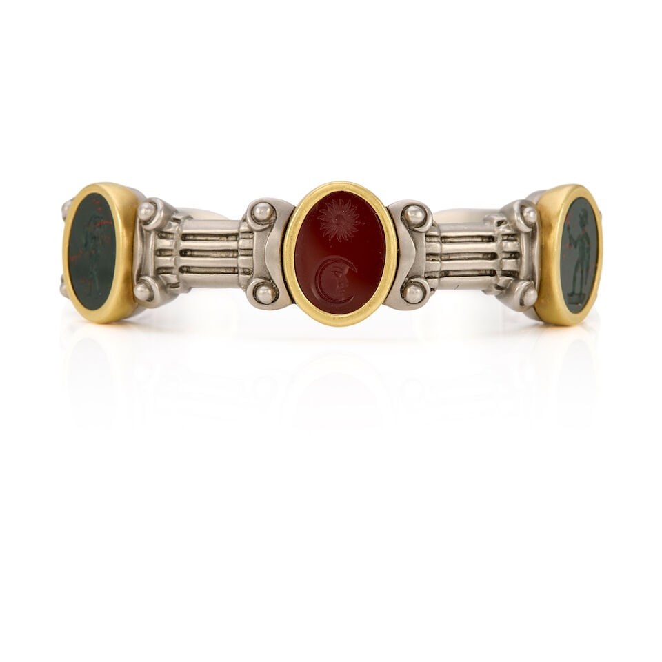 KIESELSTEN-CORD: A STAINLESS STEEL, 18K YELLOW GOLD, AND HARDSTONE INTAGLIO CUFF BRACELET - 2