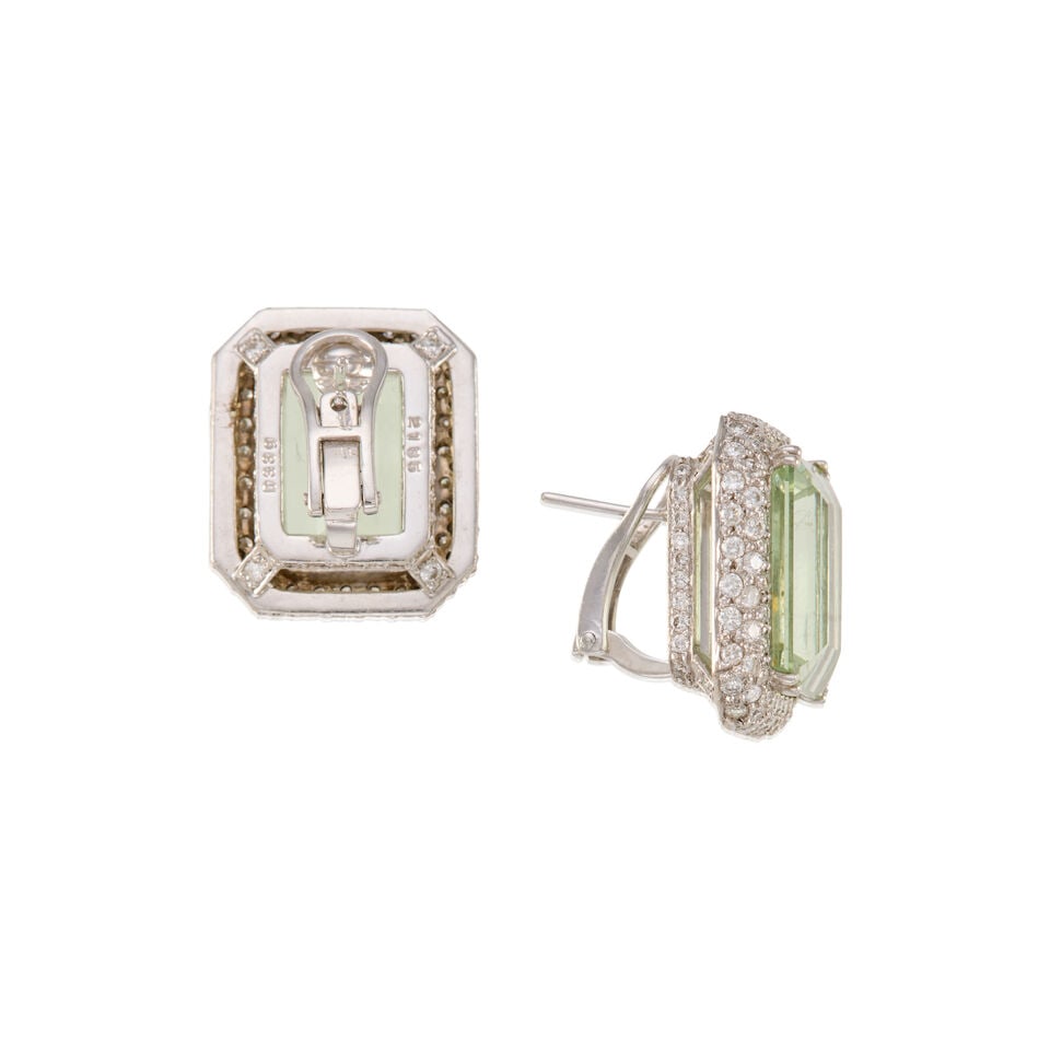 A PAIR OF 18K WHITE GOLD, GREEN BERYL, AND DIAMOND EARRINGS - 2
