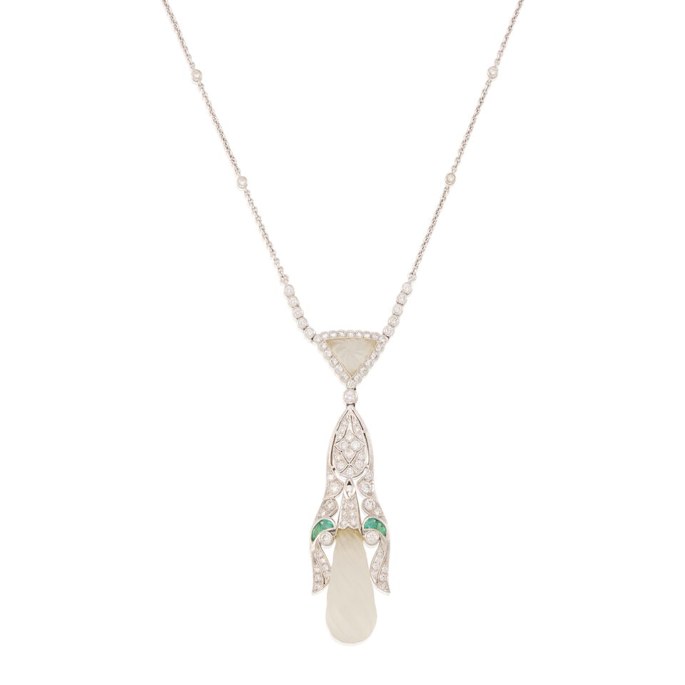 AN 18K WHITE GOLD, ROCK CRYSTAL, EMERALD, AND DIAMOND NECKLACE - 2