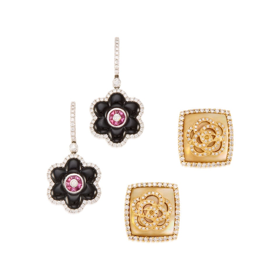 TWO PAIRS OF 18K GOLD, GEMSET AND DIAMOND EARRINGS: TWO PAIRS OF 18K GOLD, GEMSET AND DIAMOND EARRINGS • A pair of 14K and 18K yellow gold earrings with two square mother-of-pearl pieces measuring approximately 16.83mm in diameter, with numerous