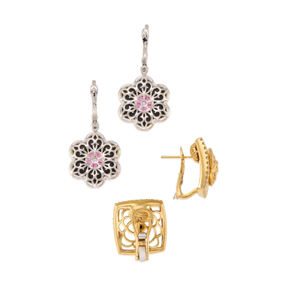 TWO PAIRS OF 18K GOLD, GEMSET AND DIAMOND EARRINGS - 2