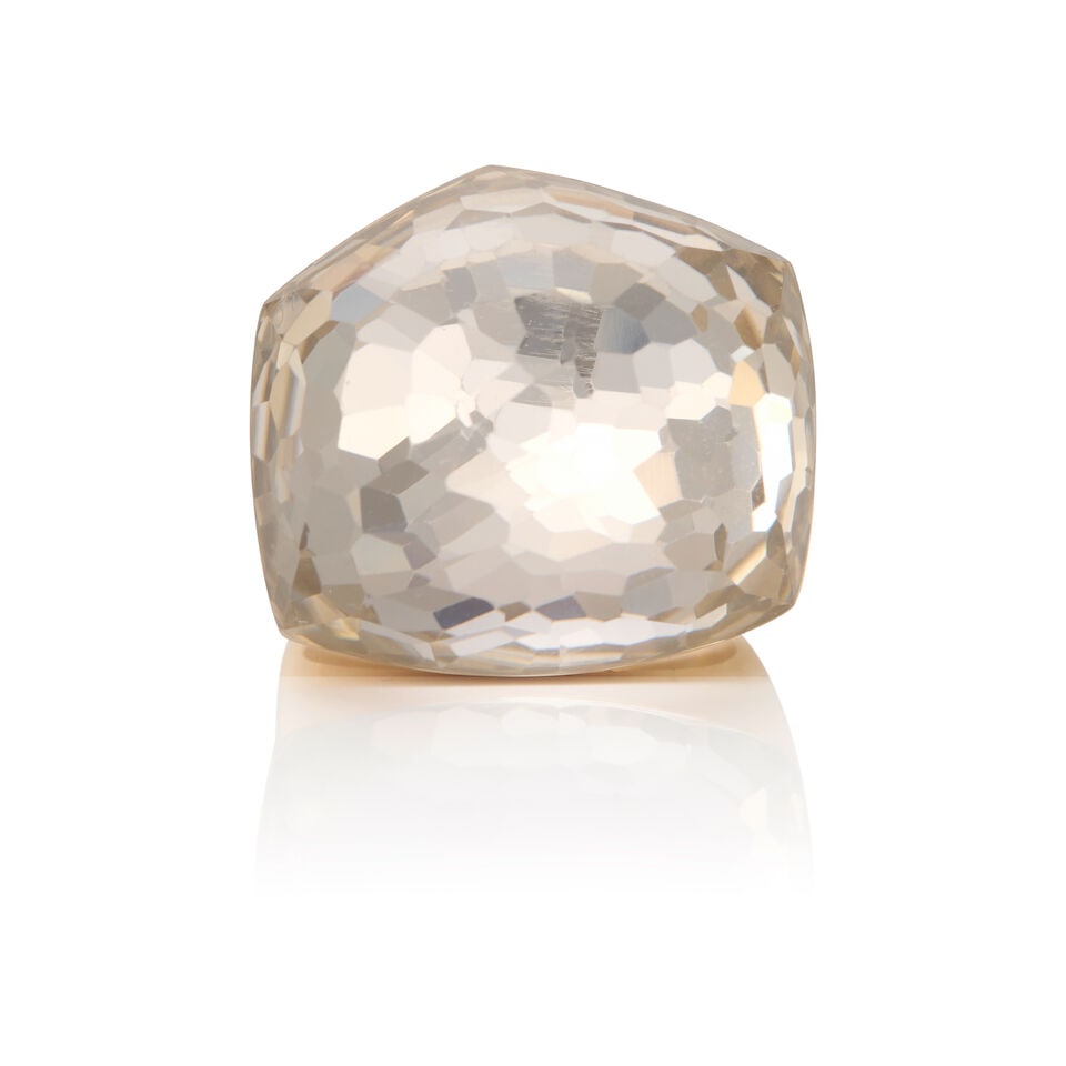 DIANE VON FURSTENBURG BY H. STERN: A 18K YELLOW GOLD AND QUARTZ RING: DIANE VON FURSTENBURG BY H. STERN: A 18K YELLOW GOLD AND QUARTZ RING • A faceted rock crystal measuring approximately 22.73mm x 23.72mm x depth cannot be determined due to the setting •