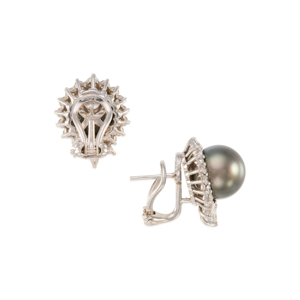 A PAIR OF WHITE GOLD, CULTURED PEARL, AND DIAMOND EARRINGS - 2