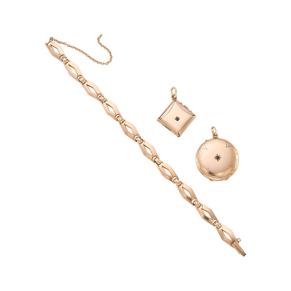 A SET OF ANTIQUE GOLD JEWELRY: A SET OF ANTIQUE GOLD JEWELRY • A 12K yellow gold bracelet with a broken clasp, measures 7 1/4 in. • A 13K yellow gold and gold-plated base metal locket pendant with portrait and a round