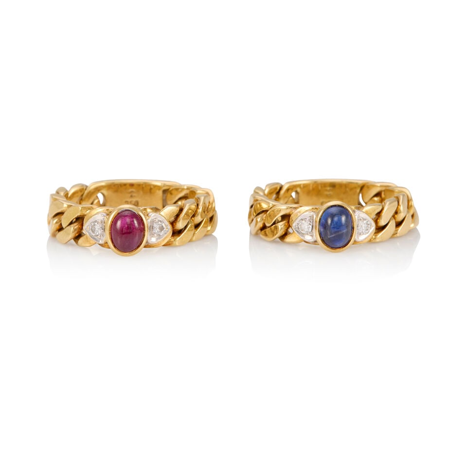 18K YELLOW GOLD, GEMSET AND DIAMOND RINGS: 18K YELLOW GOLD, GEMSET AND DIAMOND RINGS • A yellow gold ring with a cabochon ruby weighing approximately 0.80 carat, with two round shaped diamonds weighing approximately 0.08 carat total,