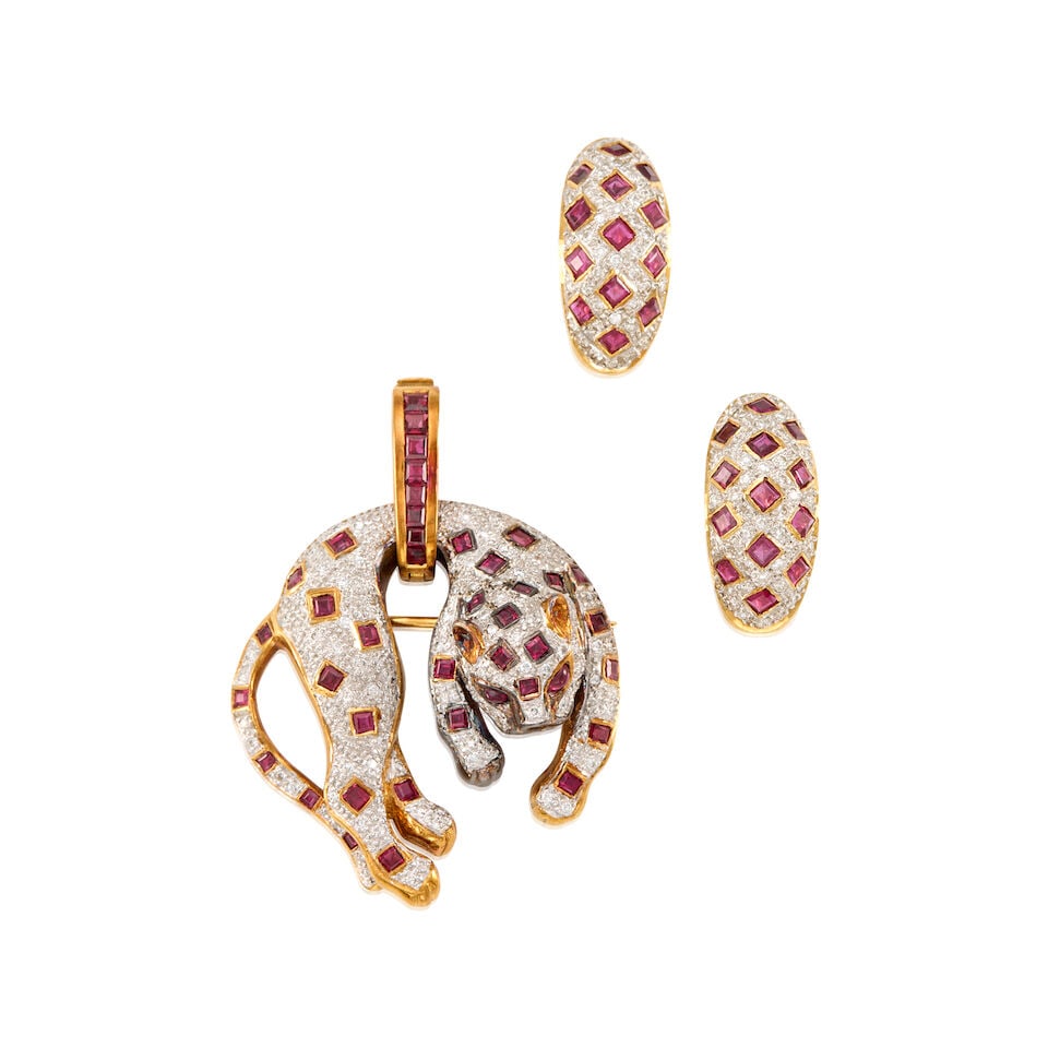 18K YELLOW GOLD, RUBY AND DIAMOND SET: 18K YELLOW GOLD, RUBY AND DIAMOND SET • A pair of gold earrings with numerous square shaped rubies weighing approximately 1.30 carats total, with numerous melee diamonds, measures 13/16 in. x 3/