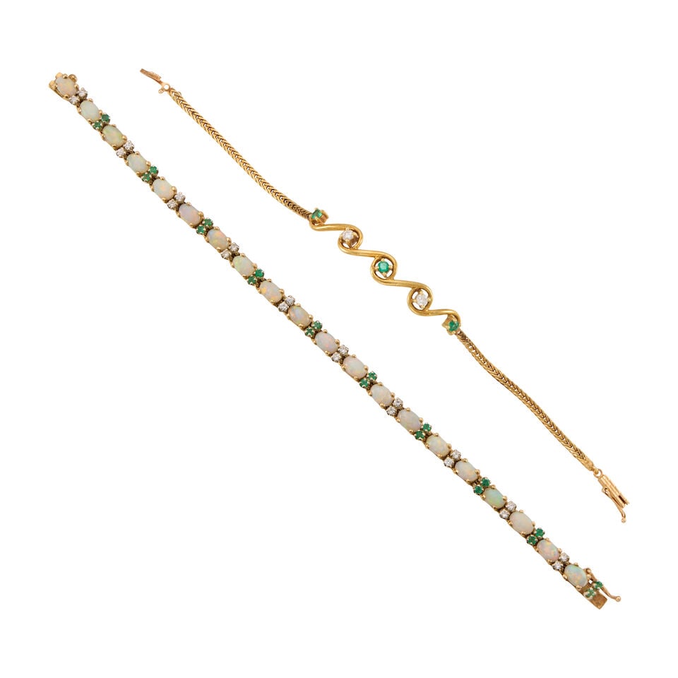 TWO GOLD, MUTLIGEM, AND DIAMOND BRACELETS: TWO GOLD, MUTLIGEM, AND DIAMOND BRACELETS • A 18K and 14K yellow gold bracelet with three round shaped emeralds weighing approximately 0.20 carat total, with two round shaped diamonds weighing