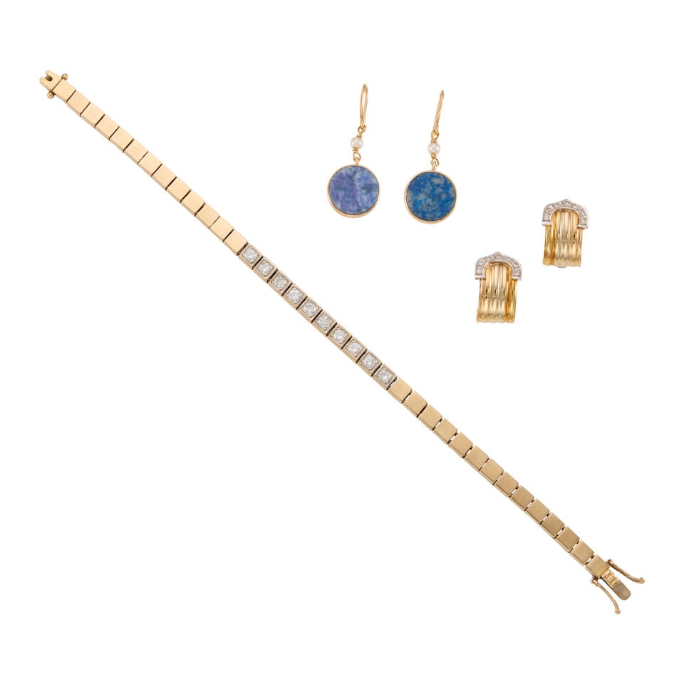 GOLD, GEMSET, AND DIAMOND JEWLERY: GOLD, GEMSET, AND DIAMOND JEWLERY • A 14K yellow gold bracelet with ten round shaped diamonds weighing approximately 0.70 carat total, length 7 in. • A pair of 18K yellow gold earrings