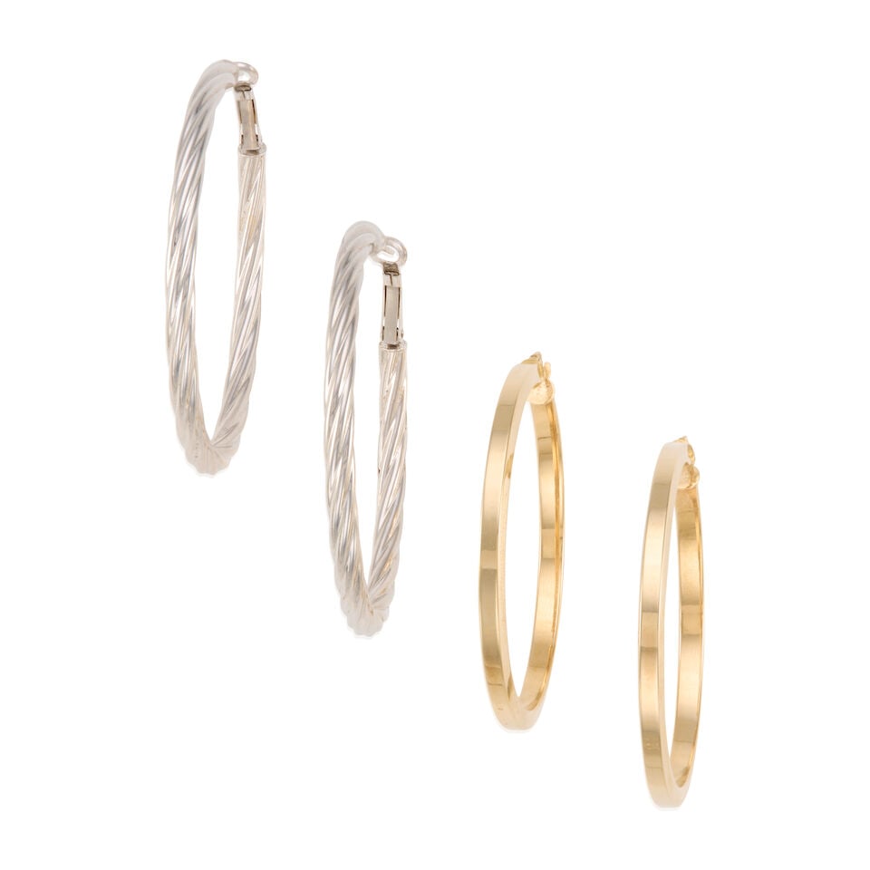 A SET OF TWO GOLD HOOP EARRINGS: A SET OF TWO GOLD HOOP EARRINGS • A pair of white gold hoop earrings, measuring 1 1/4 in. x 1 7/16 in., inner circumference 1 3/4 in. • A pair of yellow gold earrings, measures 2 in. x 1