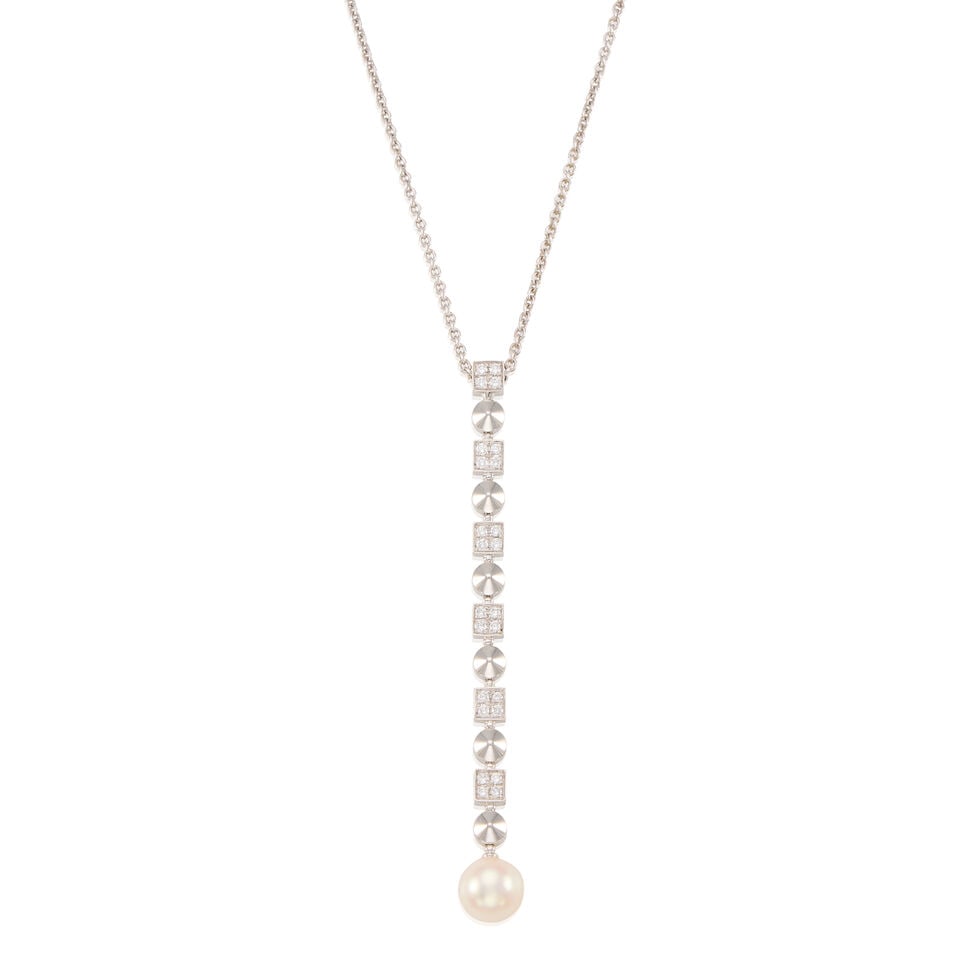 BULGARI: A 18K WHITE GOLD, DIAMOND, AND CULTURED PEARL 'LUCEA' PENDANT NECKLACE: BULGARI: A 18K WHITE GOLD, DIAMOND, AND CULTURED PEARL 'LUCEA' PENDANT NECKLACE • A cultured pearl measuring approximately 9.02mm in diameter • Numerous round shaped diamonds weighing