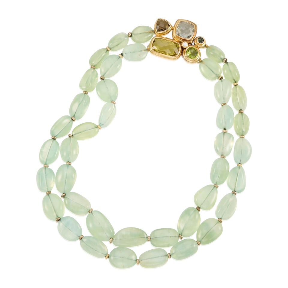 DAVID YURMAN: 18K YELLOW GOLD, STERLING SILVER, AND GEMSET NECKLACE: DAVID YURMAN: 18K YELLOW GOLD, STERLING SILVER, AND GEMSET NECKLACE • Sterling silver topped with 18k yellow gold • One aquamarine, one smokey quartz, two peridot, one green tourmaline,