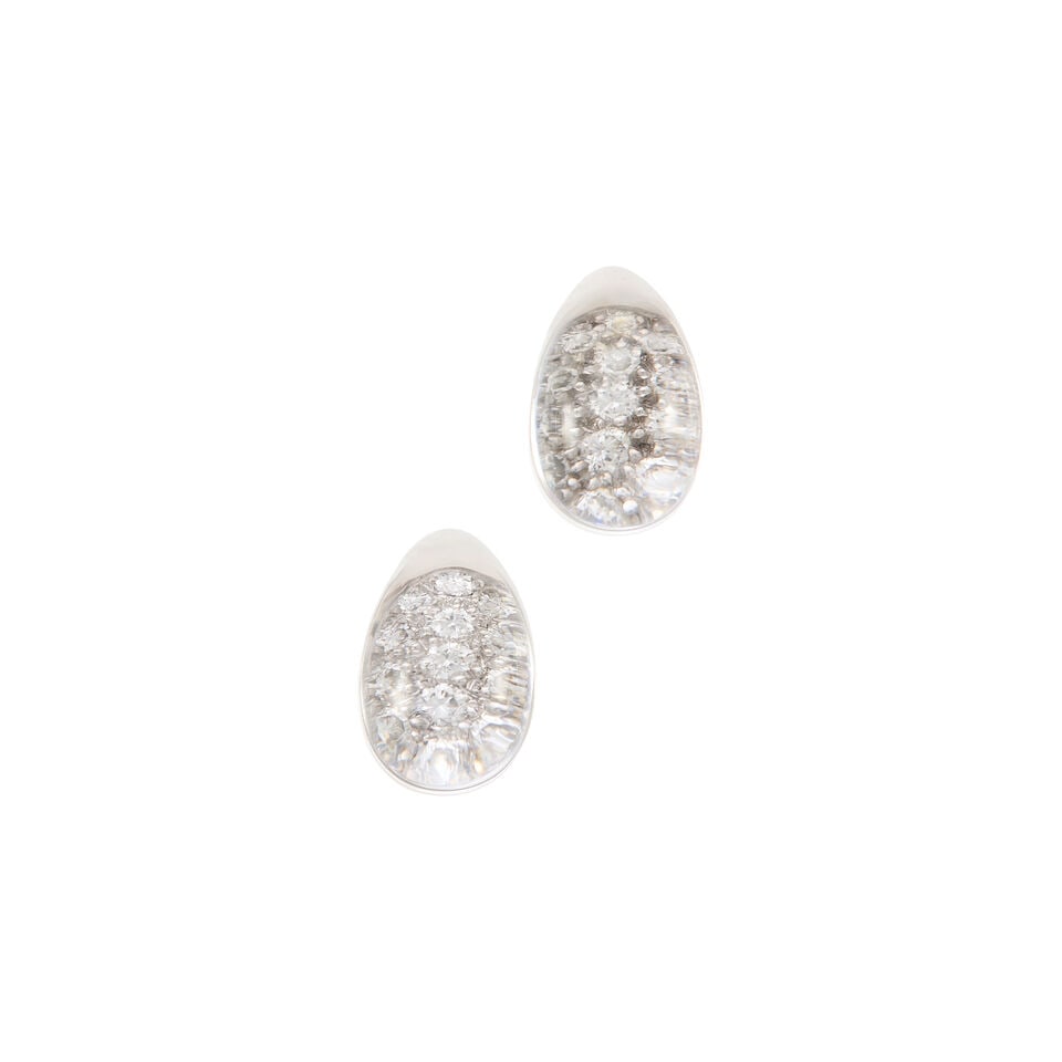 CARTIER: A PAIR 18K WHITE GOLD 'MYST DE CARTIER' EARCLIPS: CARTIER: A PAIR 18K WHITE GOLD 'MYST DE CARTIER' EARCLIPS • Two rock crystal cabochons measuring approximately 13.46mm x 9.77mm • Approximately 26 round shaped diamonds total •