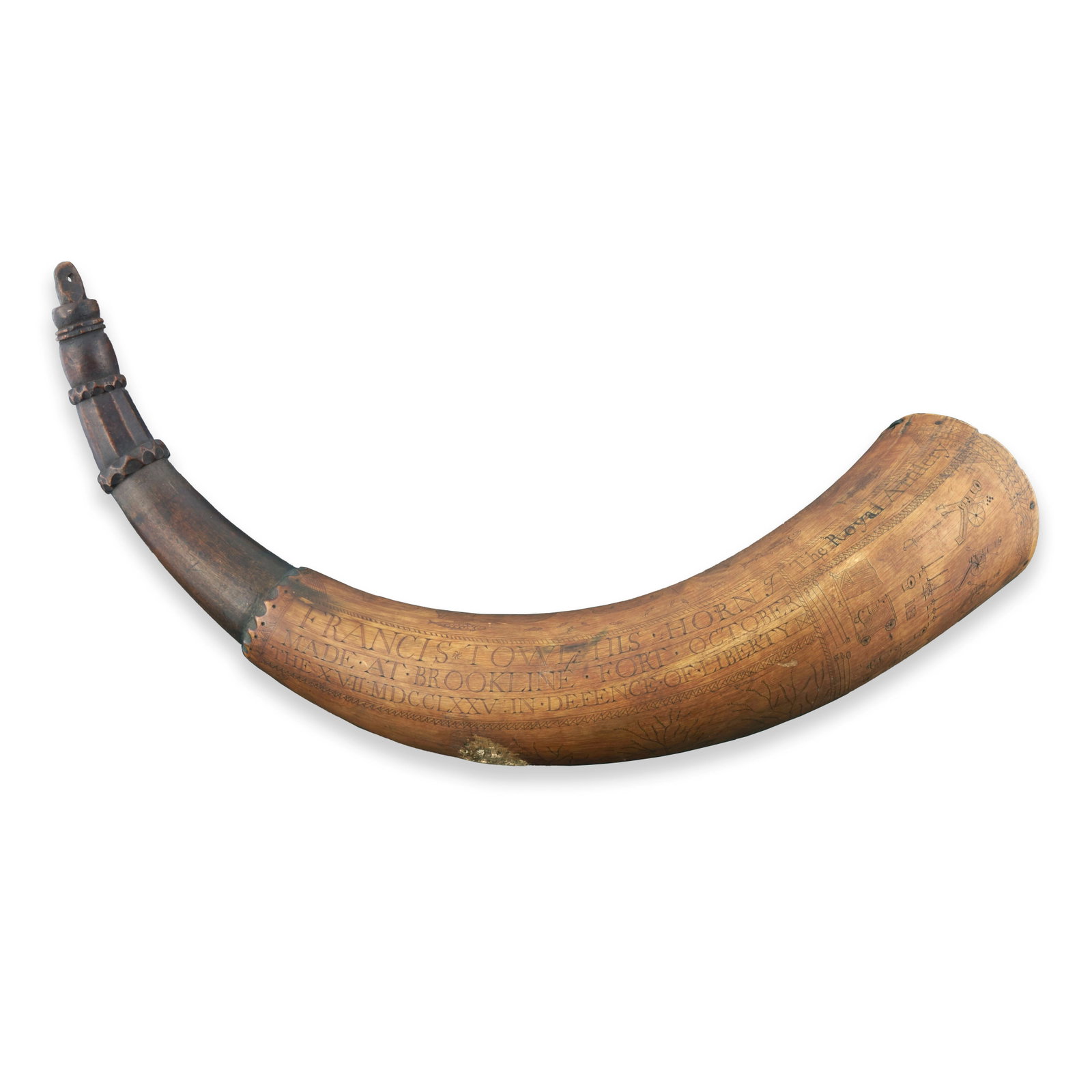 FRANCIS TOWL'S CARVED SIEGE OF BOSTON POWDER HORN, (1 of 1)