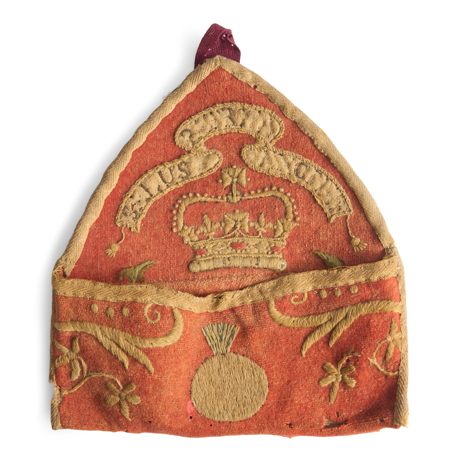 AN 18TH CENTURY LIKELY AMERICAN GRENADIER CAP CONVERTED TO A COMB CASE OR WALL POCKET, (1 of 1)