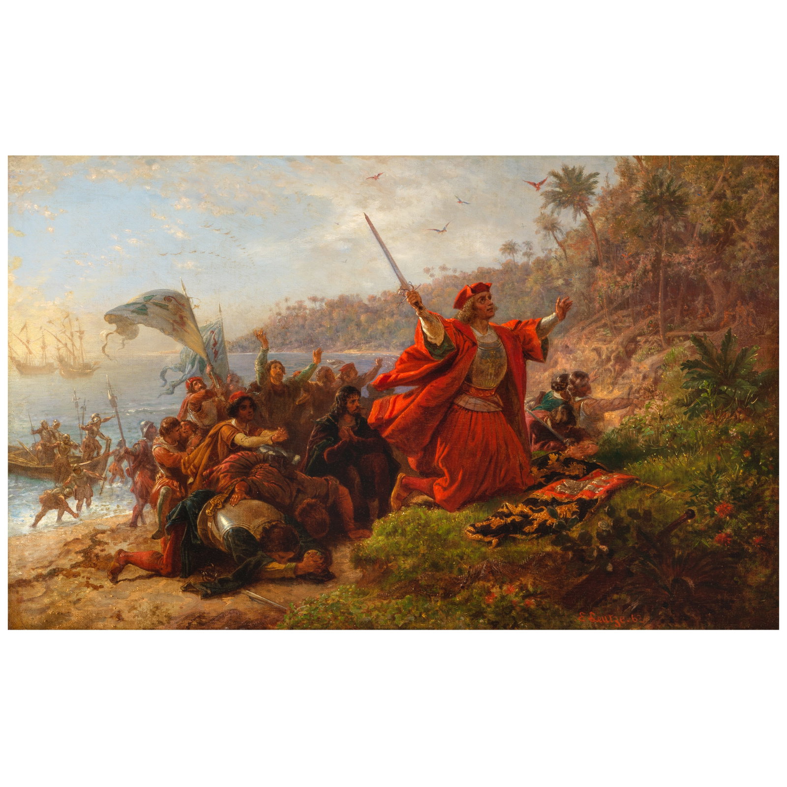 Emanuel Gottlieb Leutze (American, 1816-1868) Columbus' First Landing in America 24 1/2 x 39 1/2... (1 of 1)