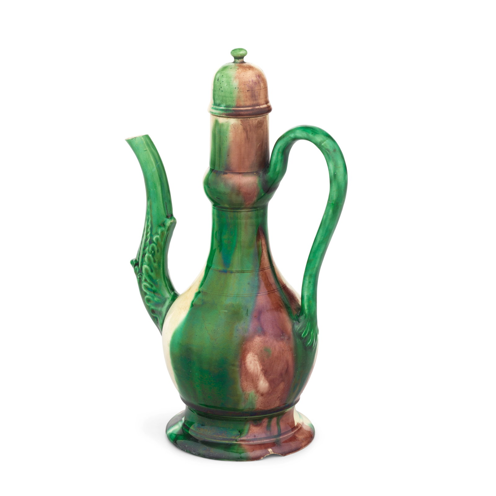 A rare Whieldon type creamware ewer and screw cover, circa 1770-80: A rare Whieldon type creamware ewer and screw cover, circa 1770-80 Of turned bottle shape with a spreading foot, the leaf moulded spout and plain strap handle picked out in green, the domed screw cove