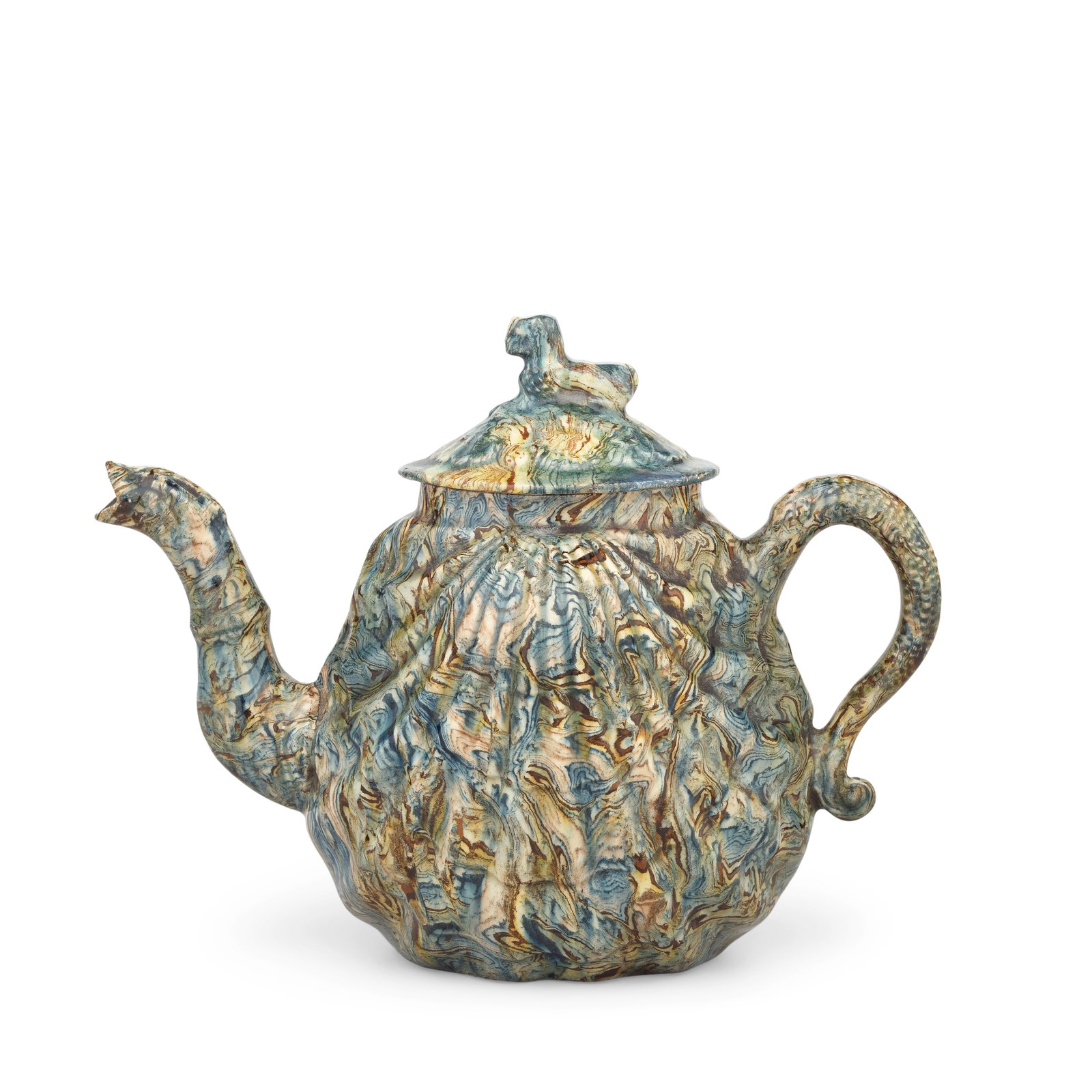 A Staffordshire solid agate teapot and cover, circa 1750: A Staffordshire solid agate teapot and cover, circa 1750 Moulded in the form of a pecten shell, with a bird's head spout and a loop handle, the finial in the shape of a lion, the fine agate body marbl