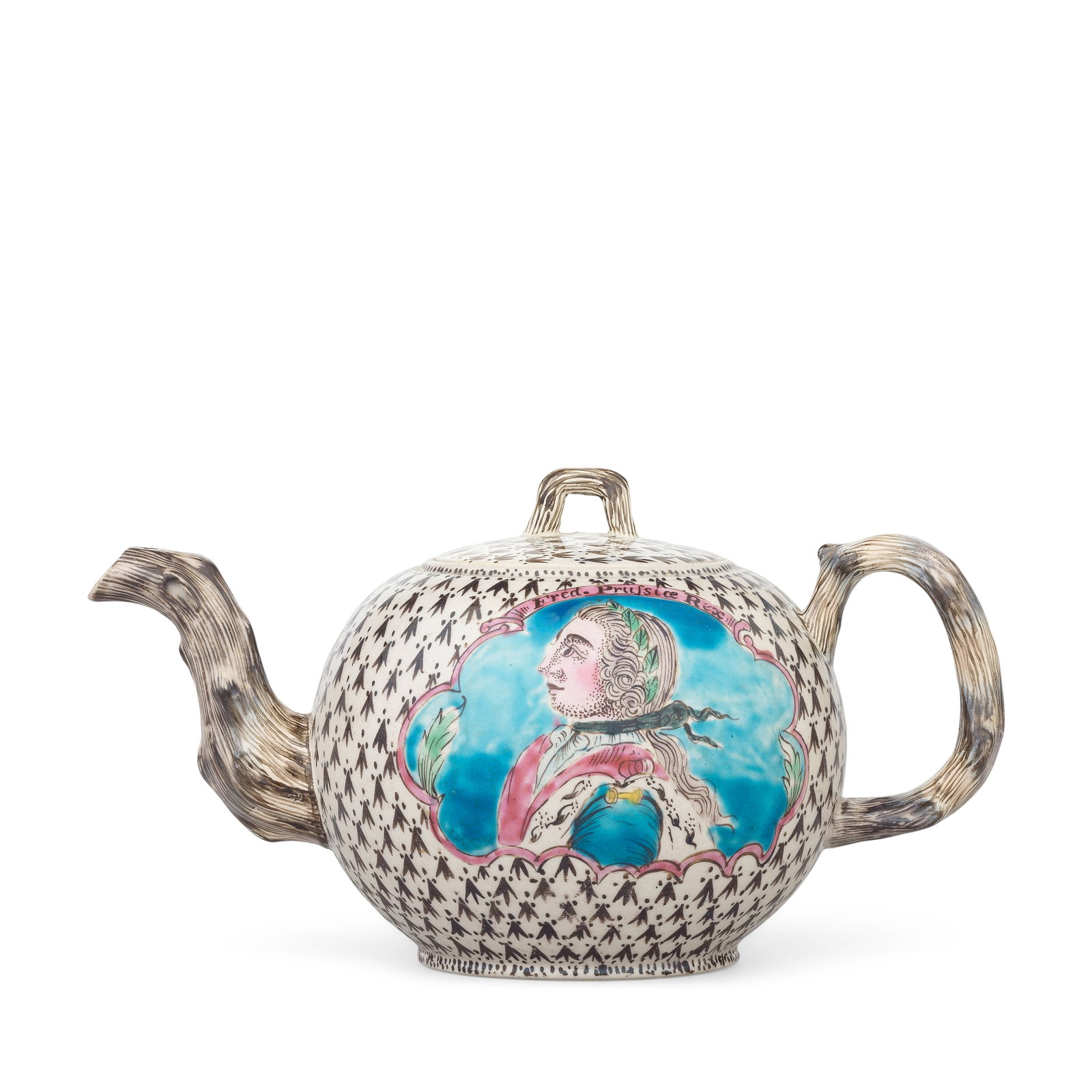 A Staffordshire saltglaze 'King of Prussia' teapot and cover, circa 1757-60: A Staffordshire saltglaze 'King of Prussia' teapot and cover, circa 1757-60 Of globular shape with a crabstock handle and spout, brightly painted with a titled profile portrait of King Frederick II of