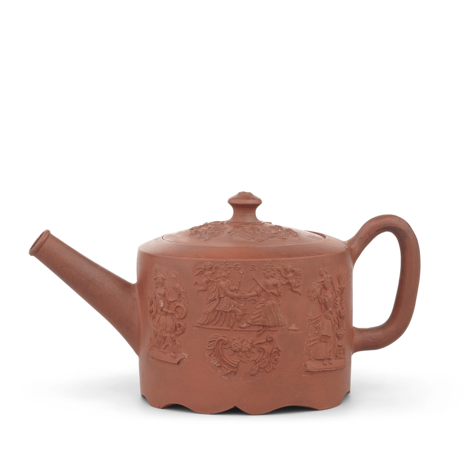 A rare Staffordshire Royal commemorative redware teapot and cover, circa 1761: A rare Staffordshire Royal commemorative redware teapot and cover, circa 1761 Of attractive small size with a tapered spout and loop handle, the cylindrical body applied with sprigged decoration, both