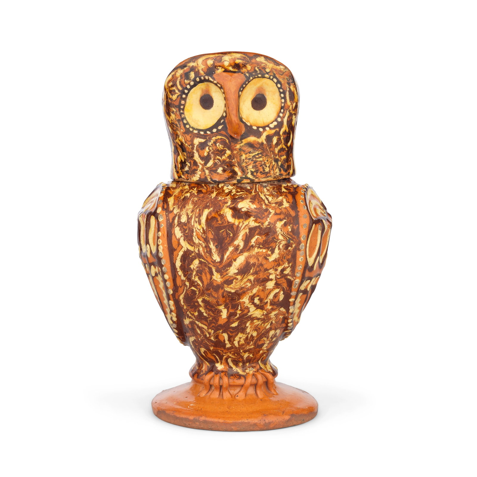 A remarkable Staffordshire slipware owl jug and cover, circa 1690-1710 (1 of 1)