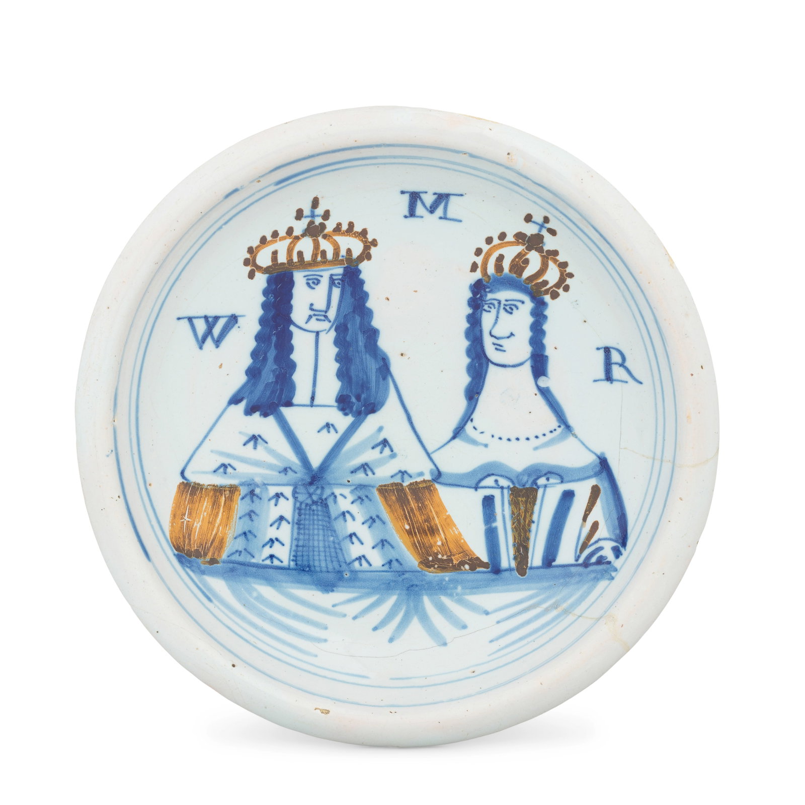 A London delftware Royal portrait plate, circa 1689-94: A London delftware Royal portrait plate, circa 1689-94 With a turnover rim, painted in blue and ochre with the highly stylised half-length portraits of King William III and Queen Mary, crowned and in 