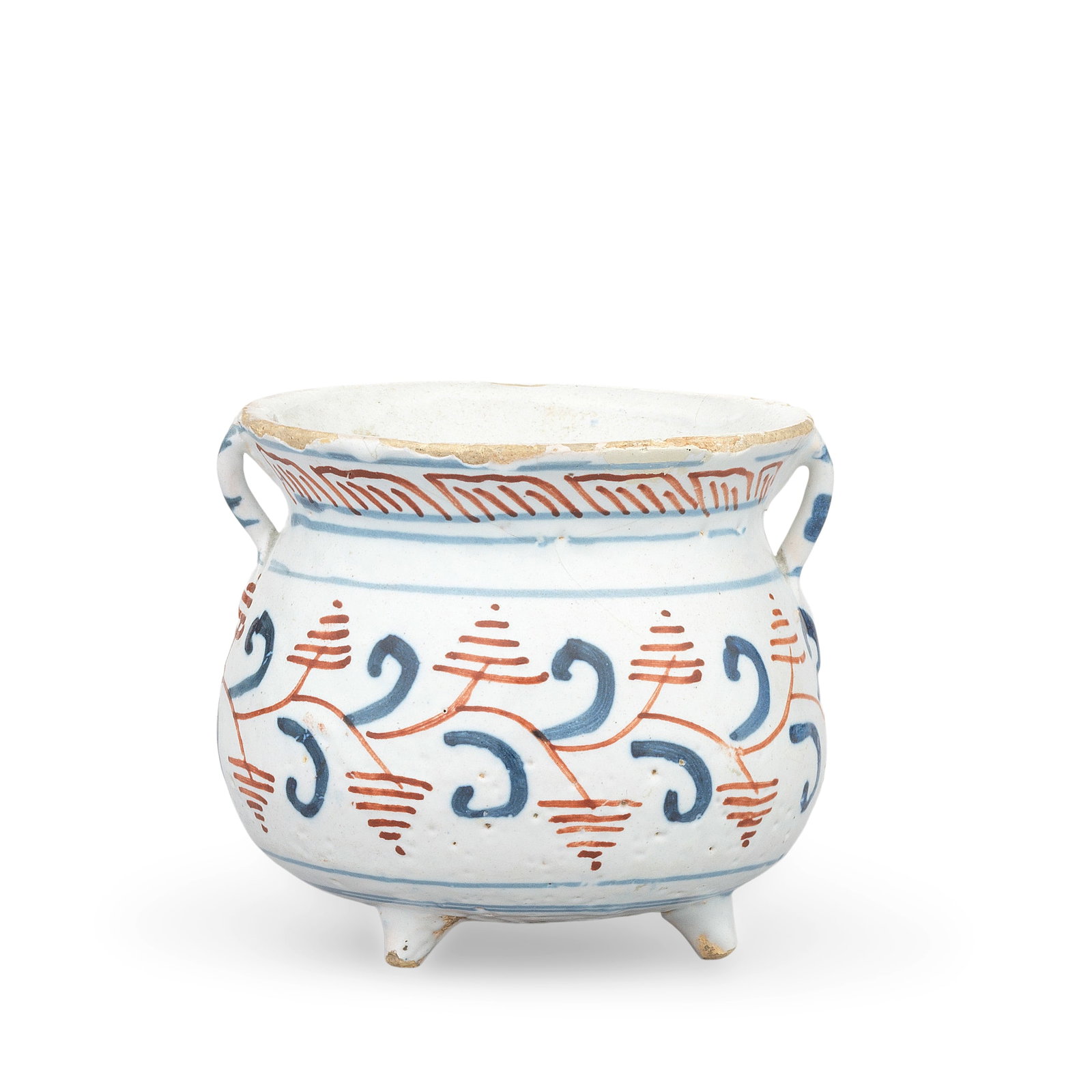 An English delftware toy or miniature cauldron, circa 1710-30: An English delftware toy or miniature cauldron, circa 1710-30 Probably London, of bellied form and set upon three peg feet, applied with two tiny handles, painted with a formal foliate design in blue 