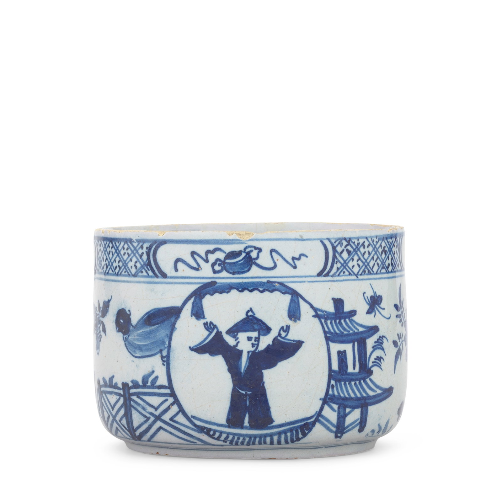 An English delftware bowl, dated 1736: An English delftware bowl, dated 1736 Probably Vauxhall, of cylindrical form, painted in blue with a chinoiserie figure with arms raised in an oval panel between birds, terracing and pagodas, below a 
