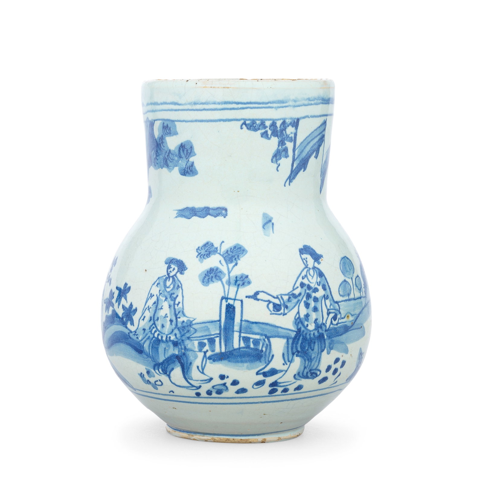 A large English delftware mug, circa 1680-90: A large English delftware mug, circa 1680-90 London or Brislington, of generous baluster shape with a cylindrical neck, the loop handle with a pointed lower terminal, painted in blue with a schematic 