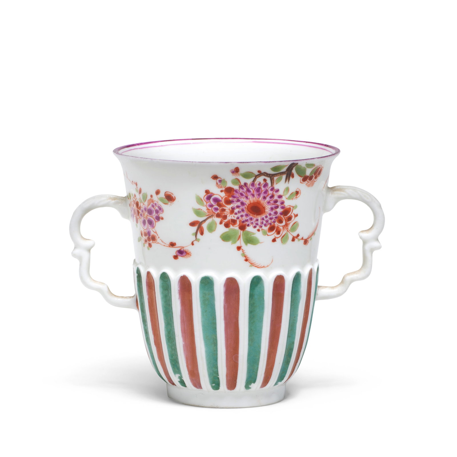 An early Meissen double-handled beaker, circa 1725-30: An early Meissen double-handled beaker, circa 1725-30 The lower half with moulded alternating green and lustre fluting below branches of indianische Blumen hanging from the purple-edged rim, 8.1cm hig
