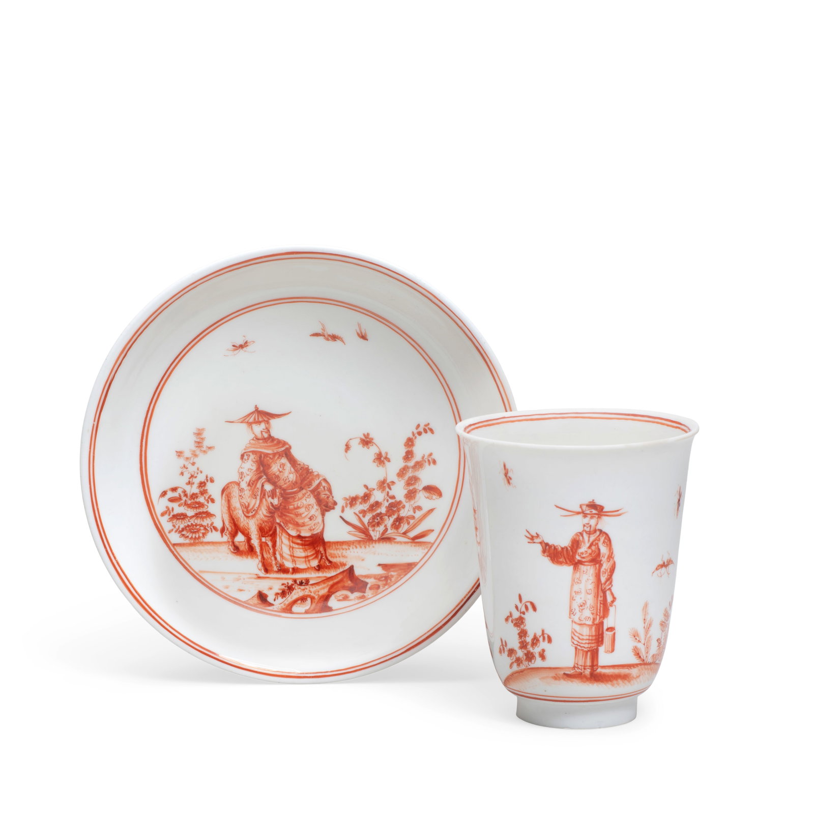A rare early Meissen beaker and saucer, circa 1723: A rare early Meissen beaker and saucer, circa 1723 Painted in iron-red with chinoiserie vignettes, each depicting a single figure flanked by flowers and with bords and insects in flight, double-line b
