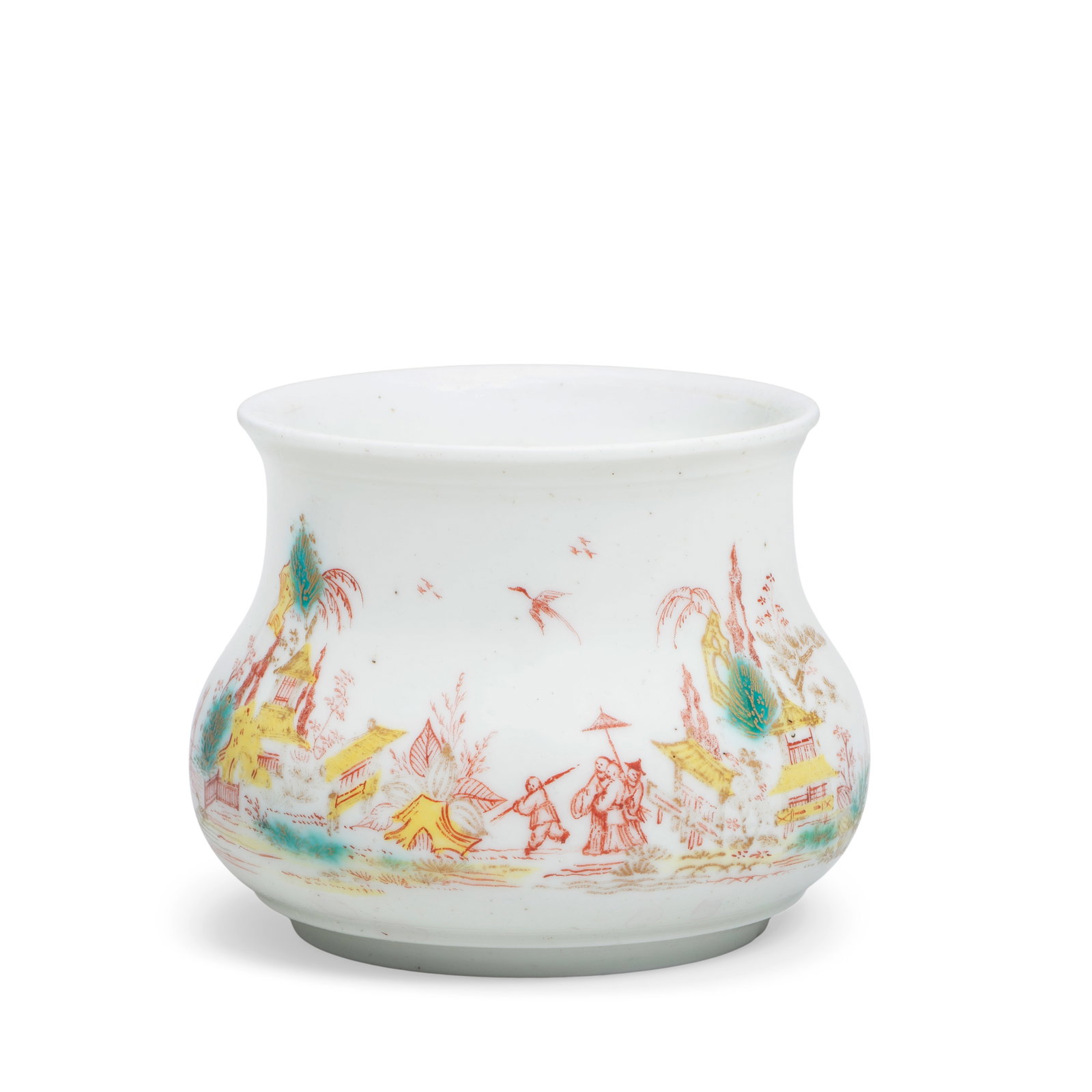 A Saint-Cloud pot, circa 1720-30: A Saint-Cloud pot, circa 1720-30 Of baluster form with moulded rim and footrim, painted in iron-red embellished in yellow, green and gilding with chinoiserie figures, pagodas, rockwork, trees and bush