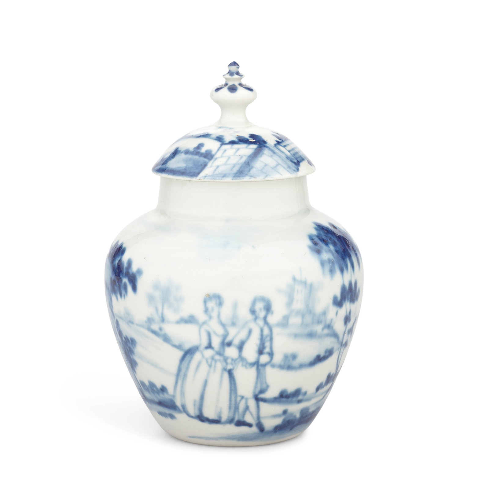 An important Limehouse vase and cover, circa 1746-48: An important Limehouse vase and cover, circa 1746-48 Of baluster form, finely painted in blue with a finely dressed couple walking arm-in-arm in a continuous European landscape containing three follie