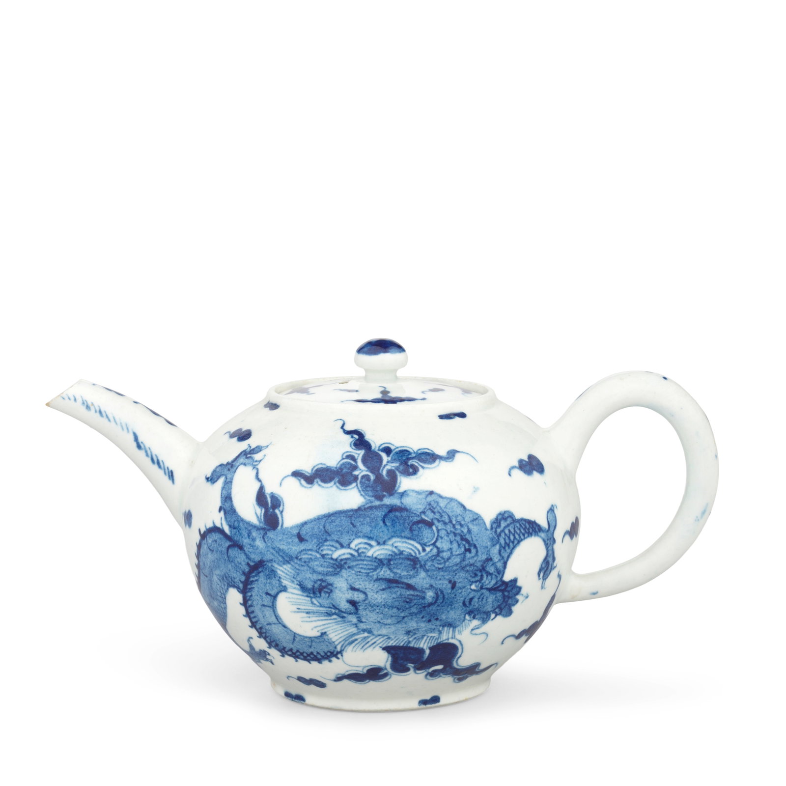 A Bow teapot and cover, circa 1756-58: A Bow teapot and cover, circa 1756-58 Of globular shape, painted in blue with the 'Dragon' pattern, the ferocious beast in pursuit of a flaming pearl amongst clouds, cross-hatched bands on spout, the 