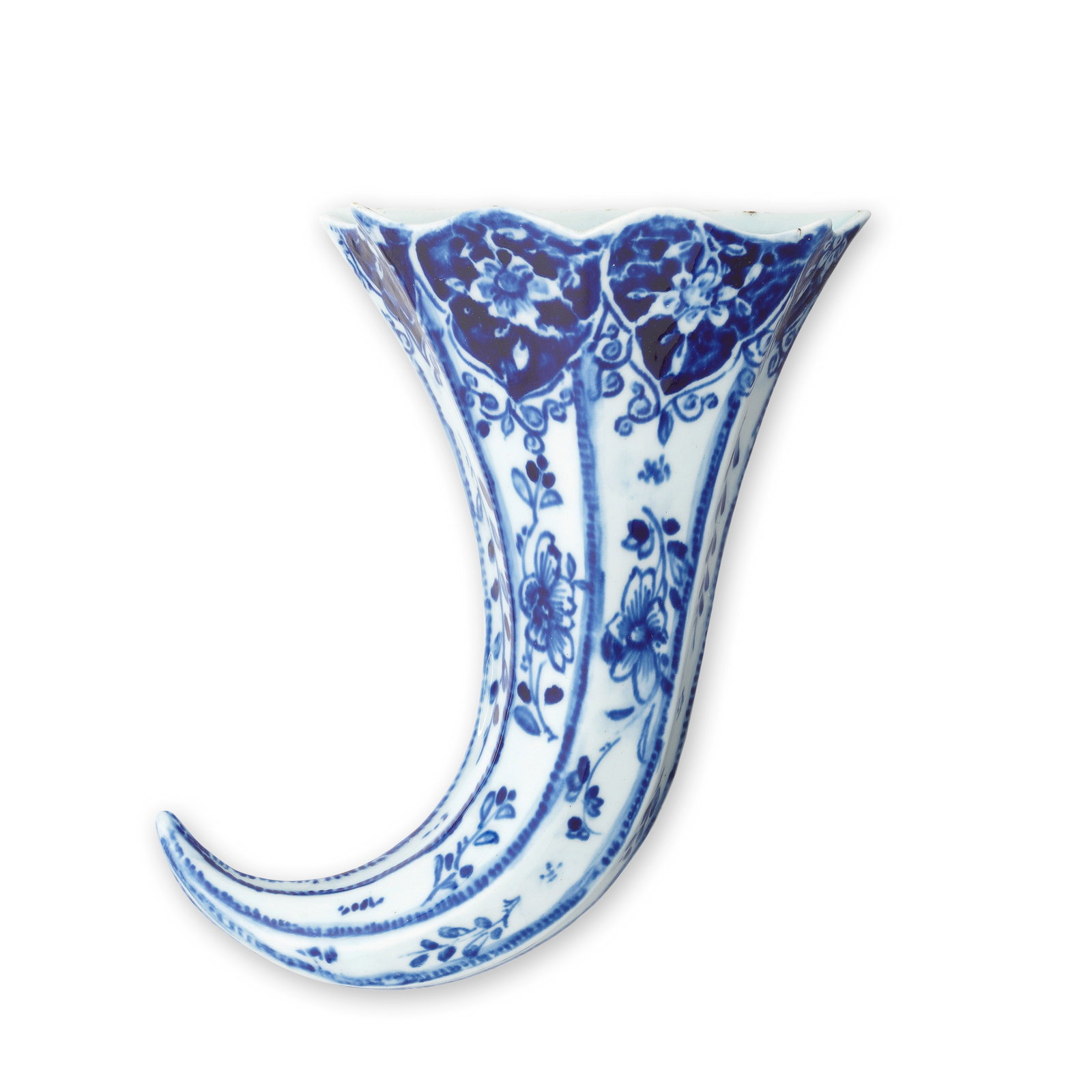 A Vauxhall cornucopia wall pocket, circa 1754-56: A Vauxhall cornucopia wall pocket, circa 1754-56 Of faceted form with a shaped rim and two suspension holes at the reverse, painted in blue with formal flower sprays and sprigs, the border with shaped