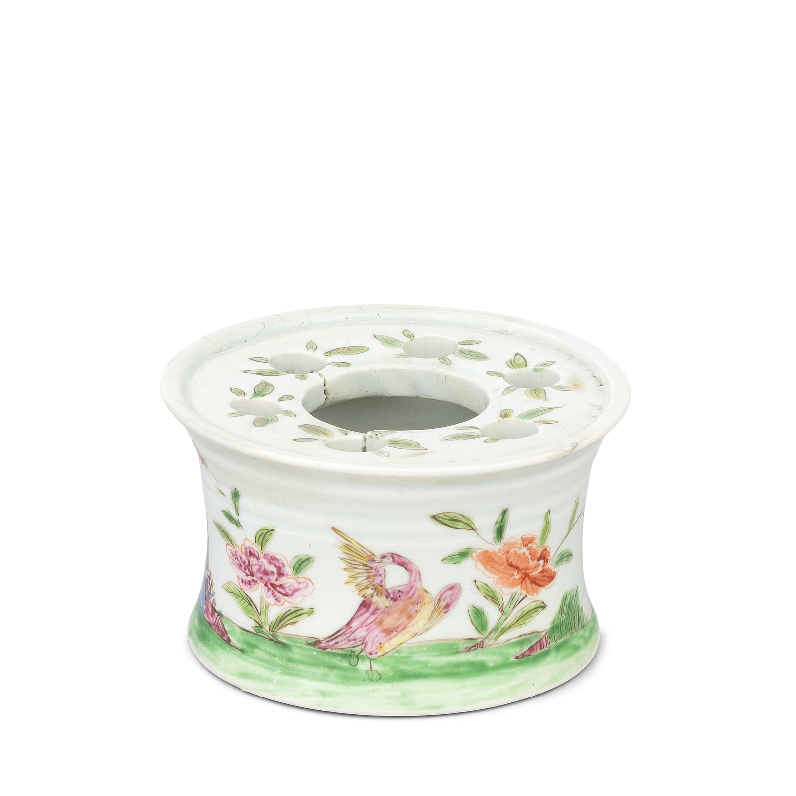 An extremely rare Vauxhall inkwell, circa 1756-58: An extremely rare Vauxhall inkwell, circa 1756-58 Of capstan shape, the upper surface pieced with six small holes around a central opening, finely painted in famille rose style with an oriental landsc